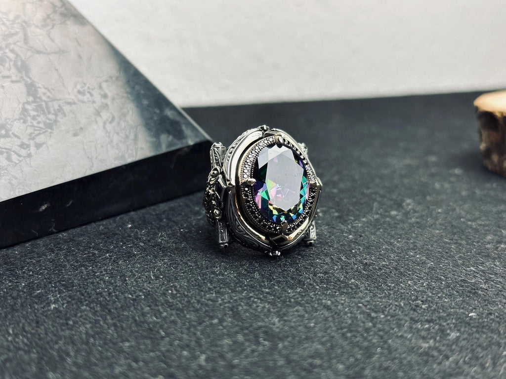 Men's Mystic Topaz Ring: Bold Silver Statement - Handmade in Turkey