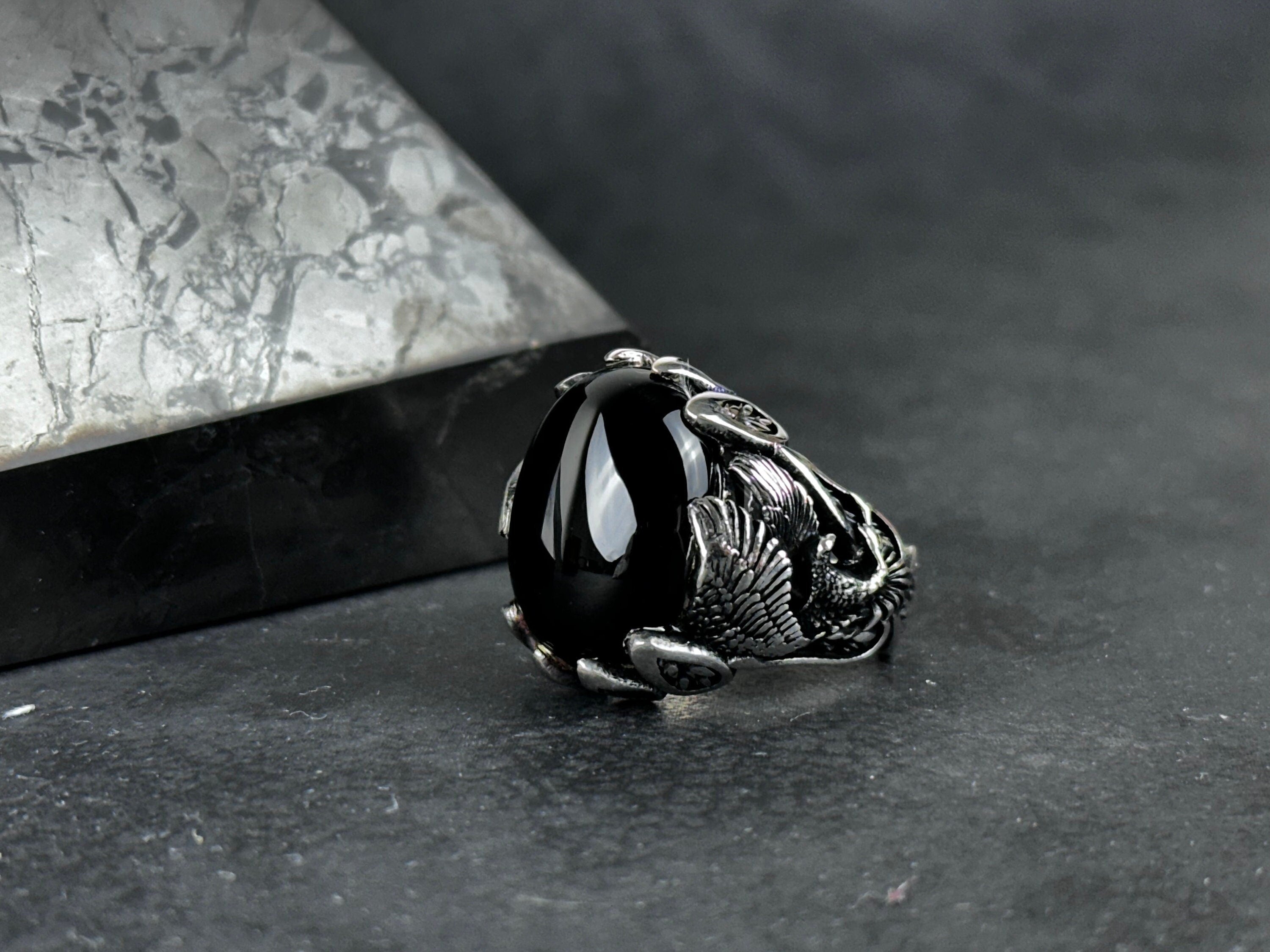 Men's Sterling Silver Ring, Majestic Eagle, Onyx Gemstone (Statement Jewelry)