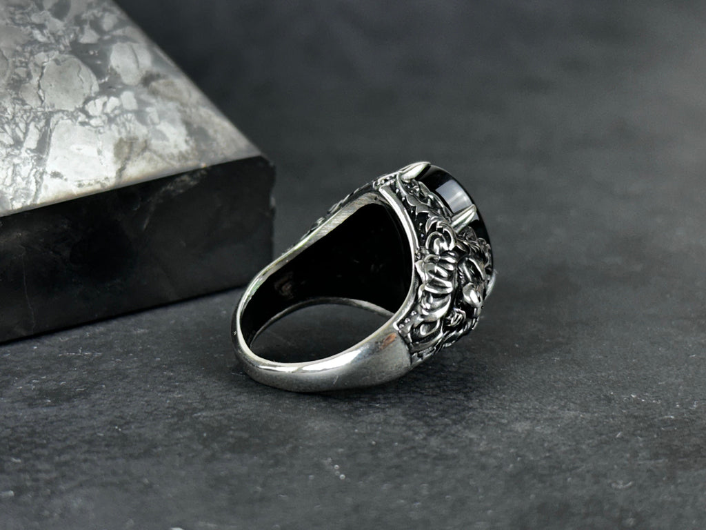 Men's Sterling Silver Onyx Ring, Lion Detail (Handcrafted)