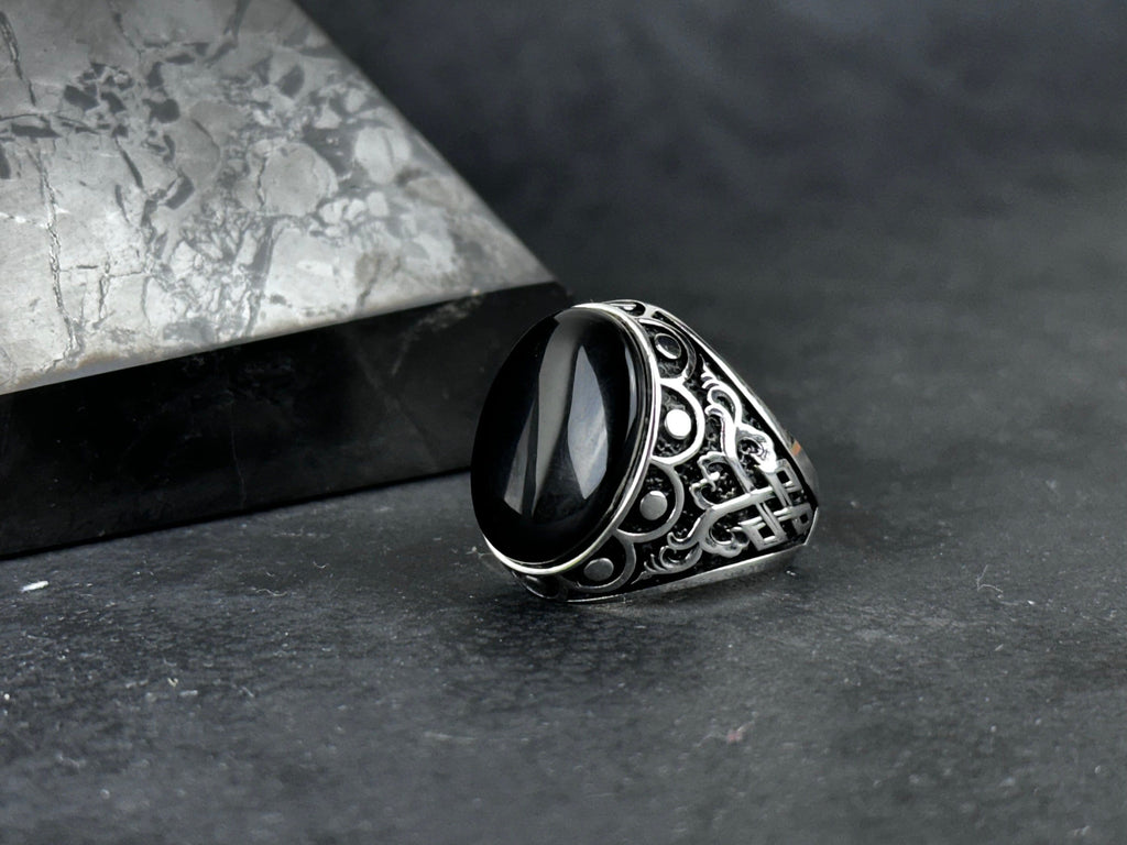 Sterling Silver Onyx Ring Handmade, Natural Cut Stone (Men's Size)