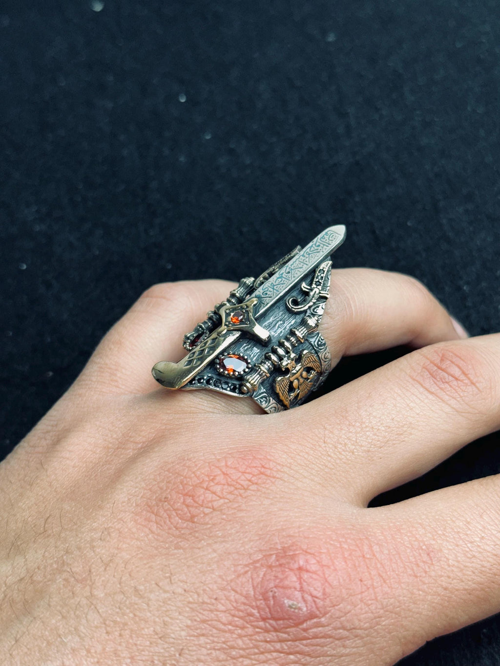 Sterling Silver Gothic Dagger Ring, Red Stone Sword Ring, Medieval Fantasy Jewelry, Dark Aesthetic Statement Ring, Unique Gift