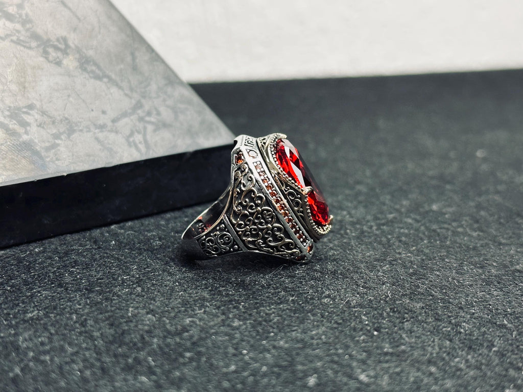Oval Ruby Men's Ring: Handmade Sterling Silver, Turkish Ottoman Style