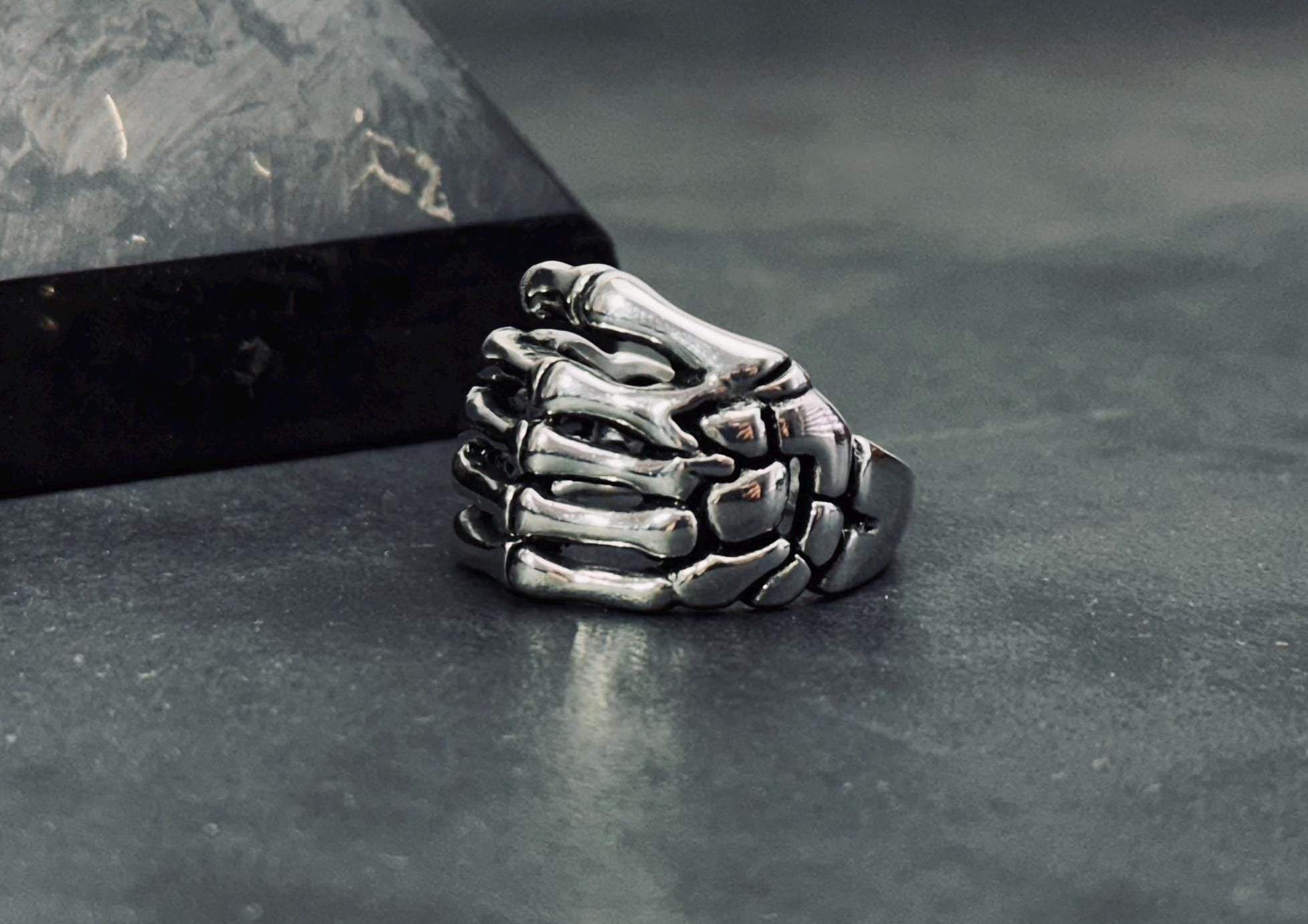 Sterling Silver Finger Bones Ring: Gothic Biker Style for Men