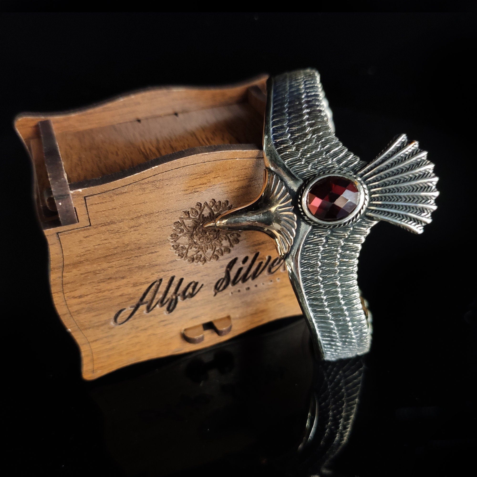 Eagle Bracelet: Red Zircon Sterling Silver Cuff (Handmade)