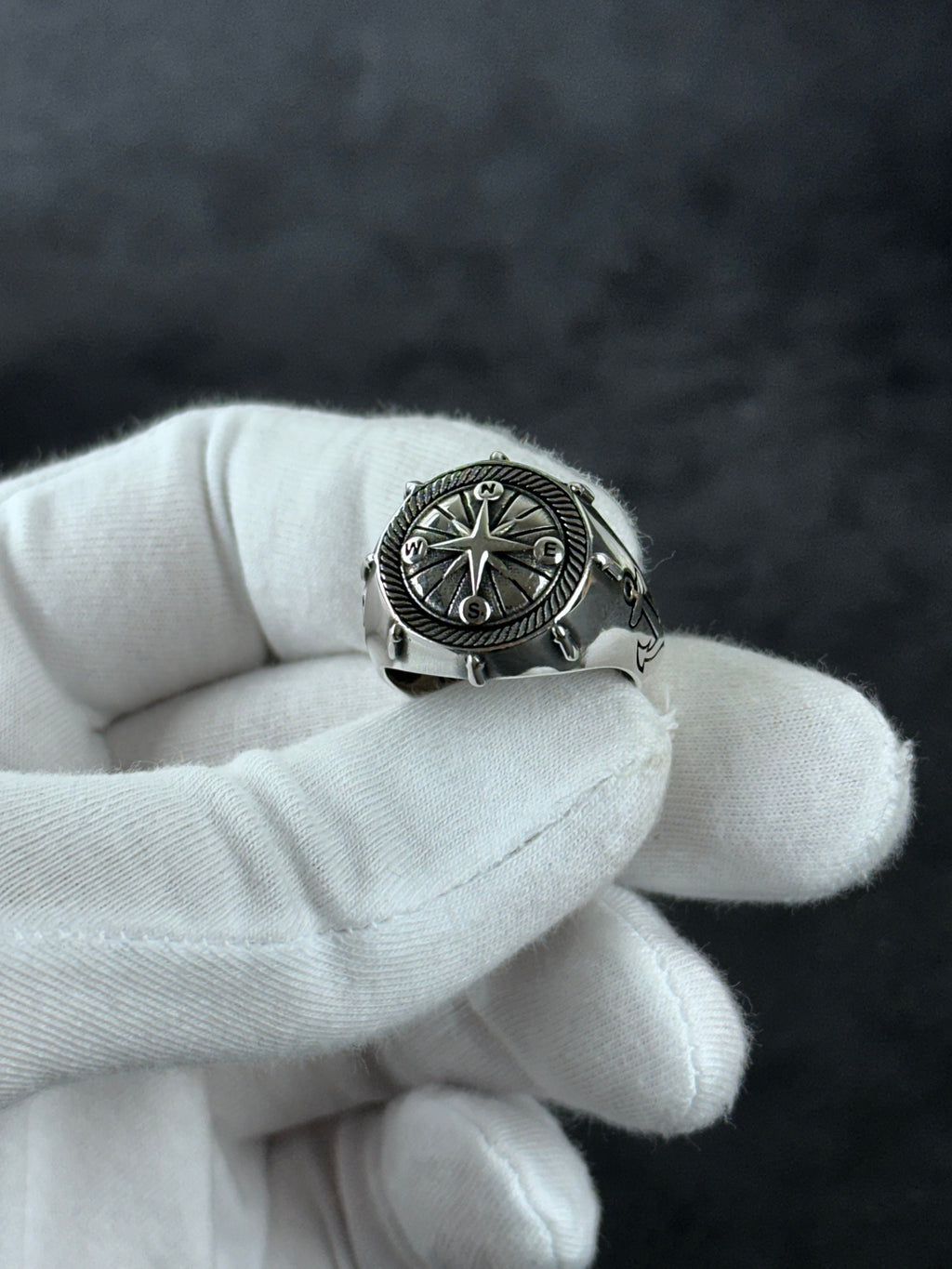 Sterling Silver Compass Ring: Sailor Design - Engraved Anchor Detail
