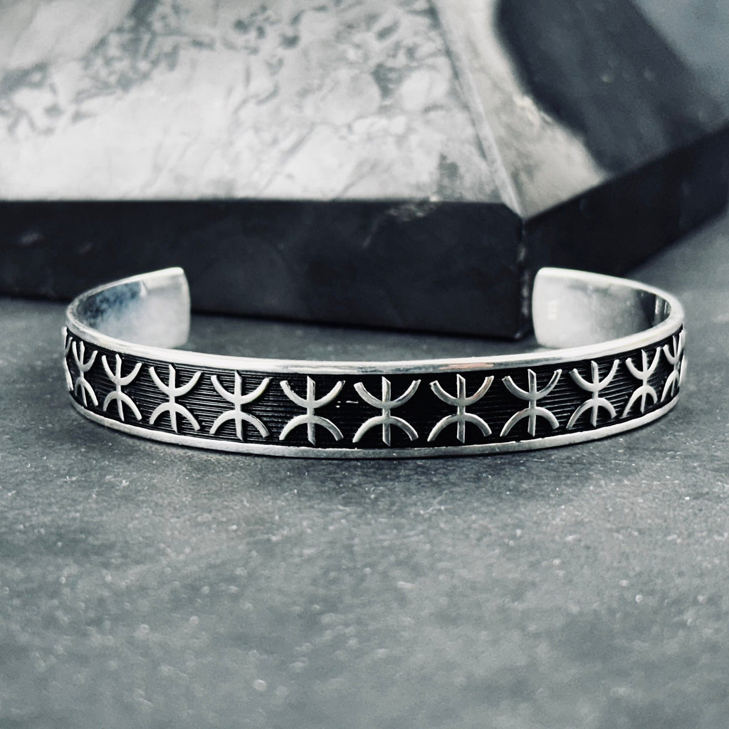 Sterling Silver Cuff Bracelet: Embroidered Pattern - Unisex Adjustable