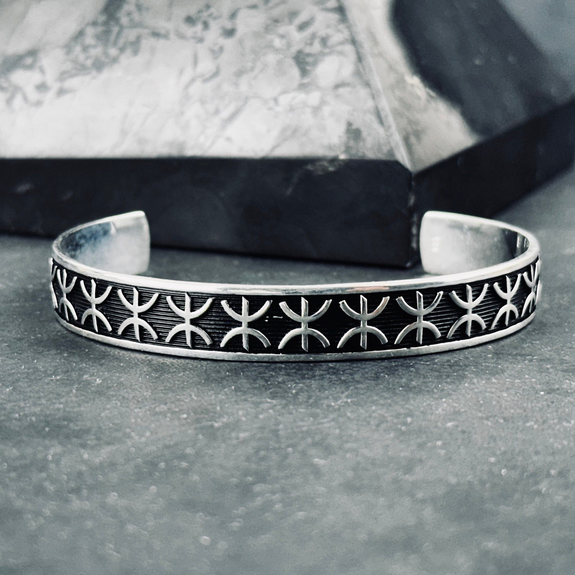 Sterling Silver Cuff Bracelet: Embroidered Pattern - Unisex Adjustable