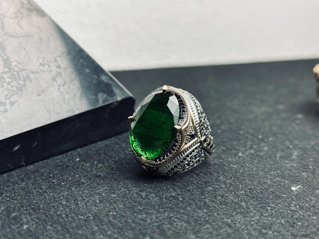 Emerald Islamic Ring: Sterling Silver, Quran Verse, Handmade
