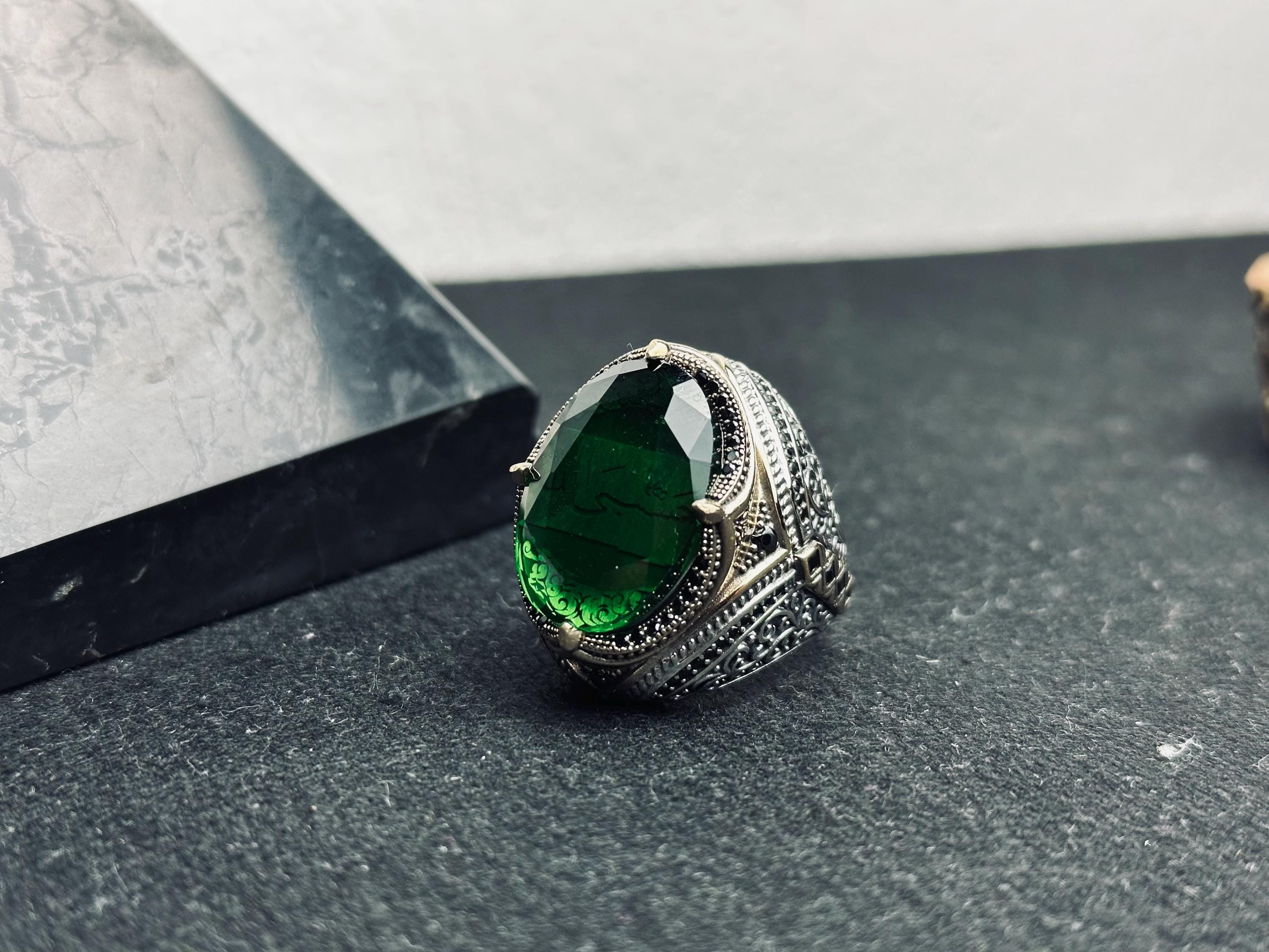 Emerald Islamic Ring: Sterling Silver, Quran Verse, Handmade