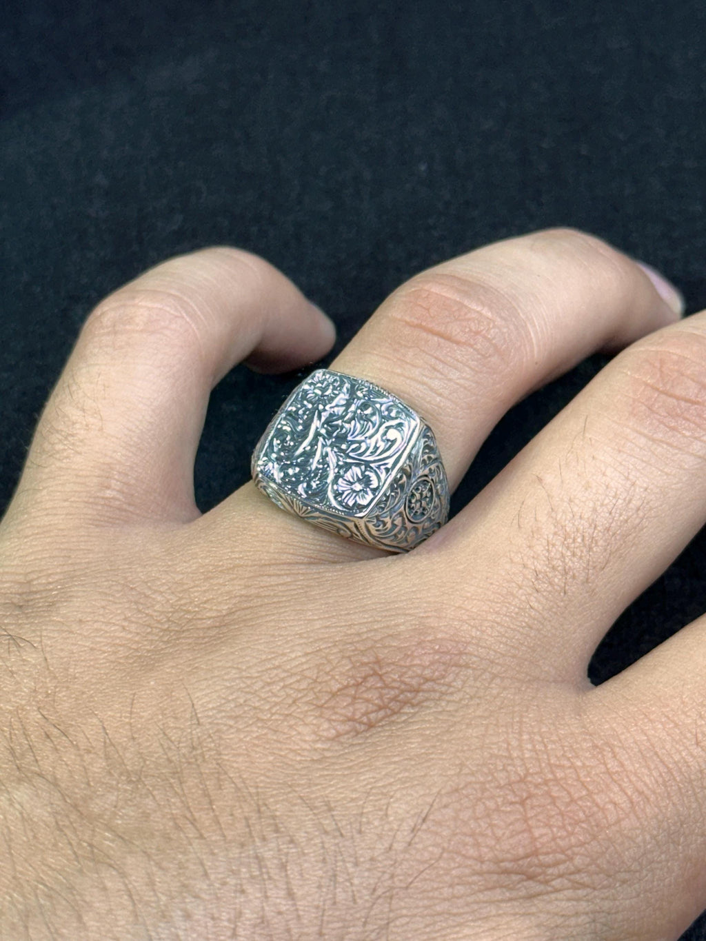 Men's Silver Ring: Engraved Tree Bark Style - Handmade 925 Sterling