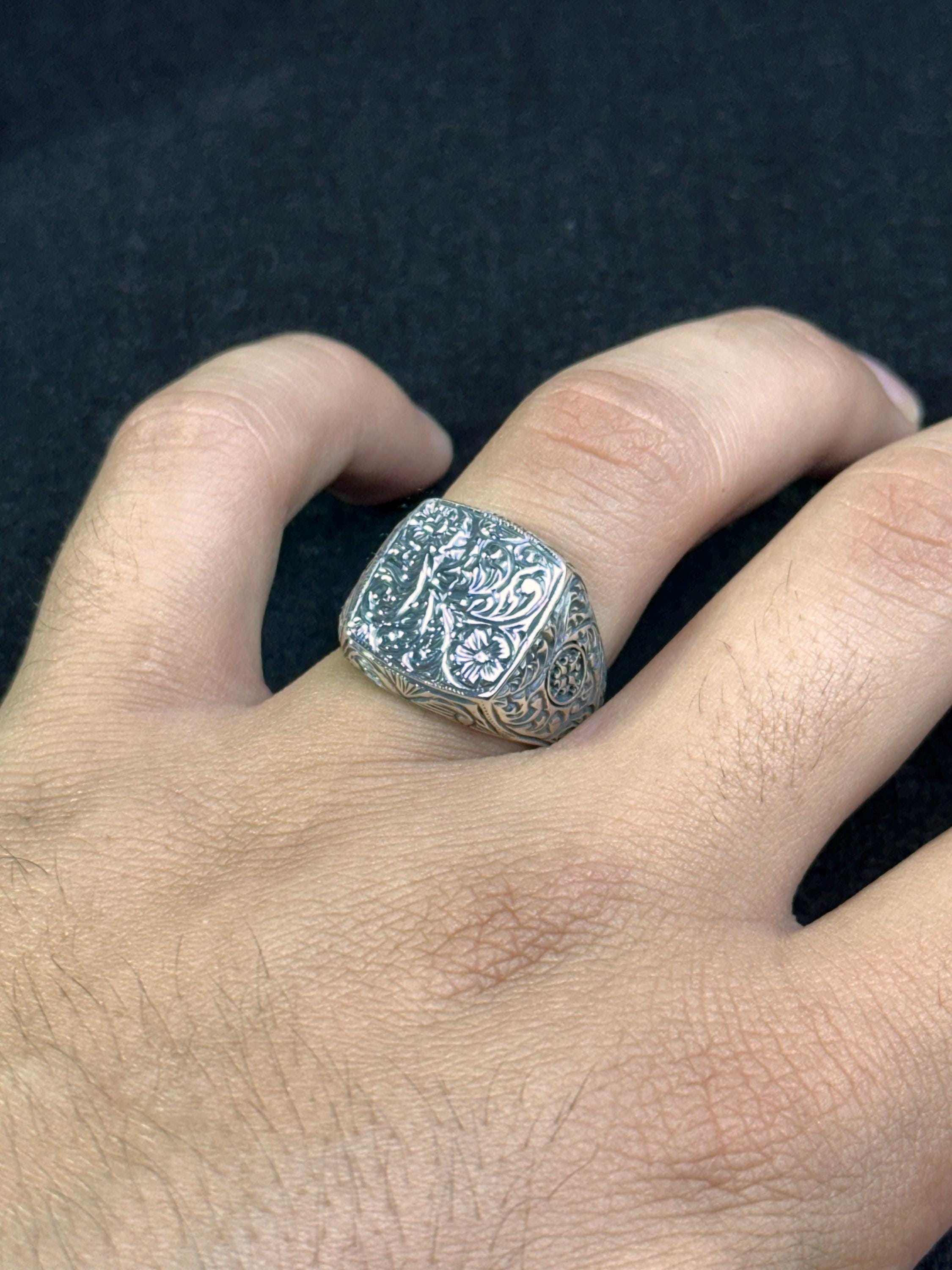 Men's Silver Ring: Engraved Tree Bark Style - Handmade 925 Sterling