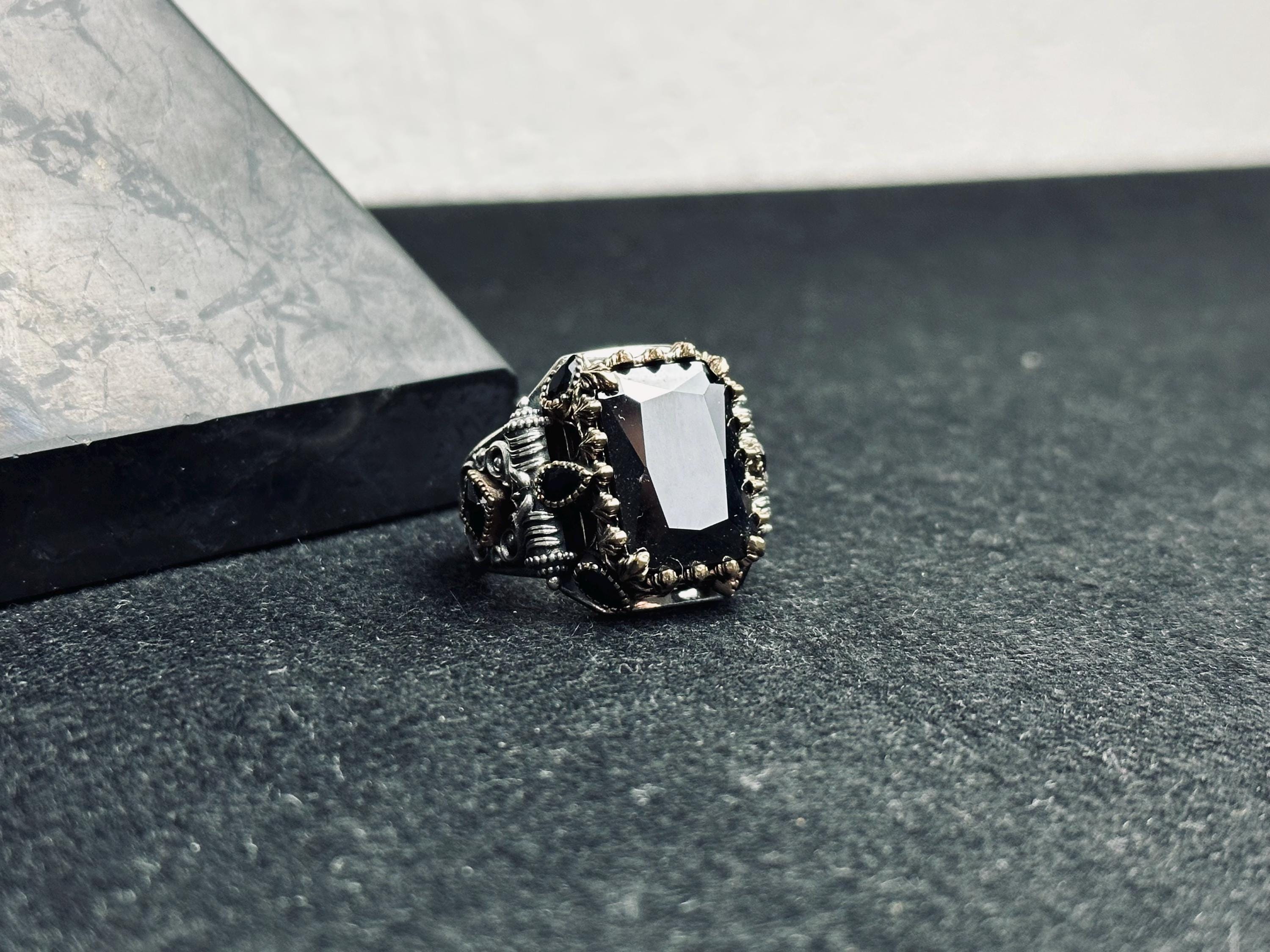 Men's Statement Ring: Black Zircon Square - 925 Sterling Silver
