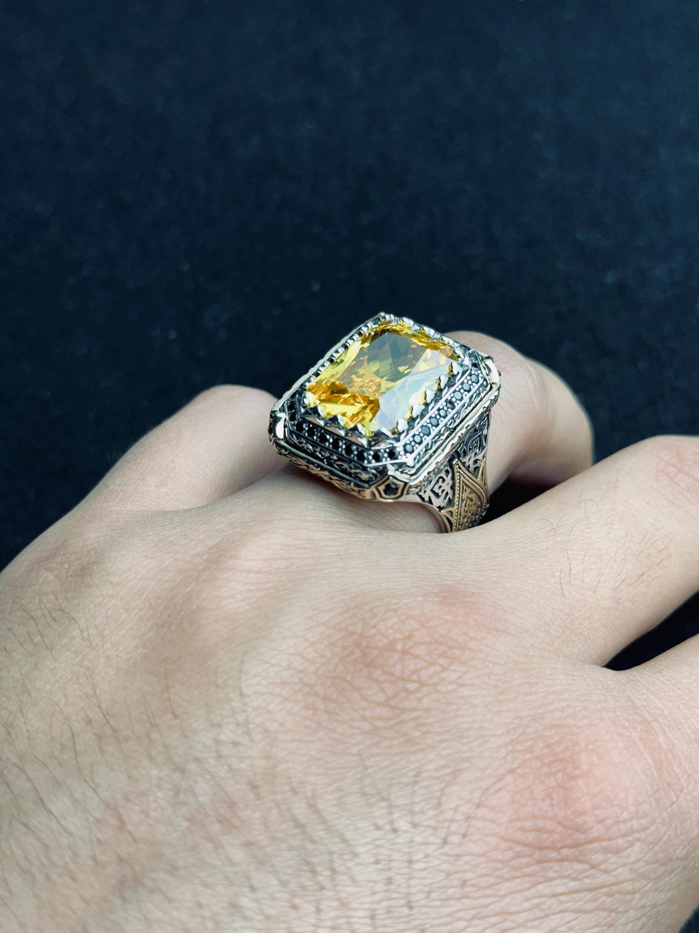 Square Citrine Men’s Ring - Handmade Sterling Silver Bold Gem