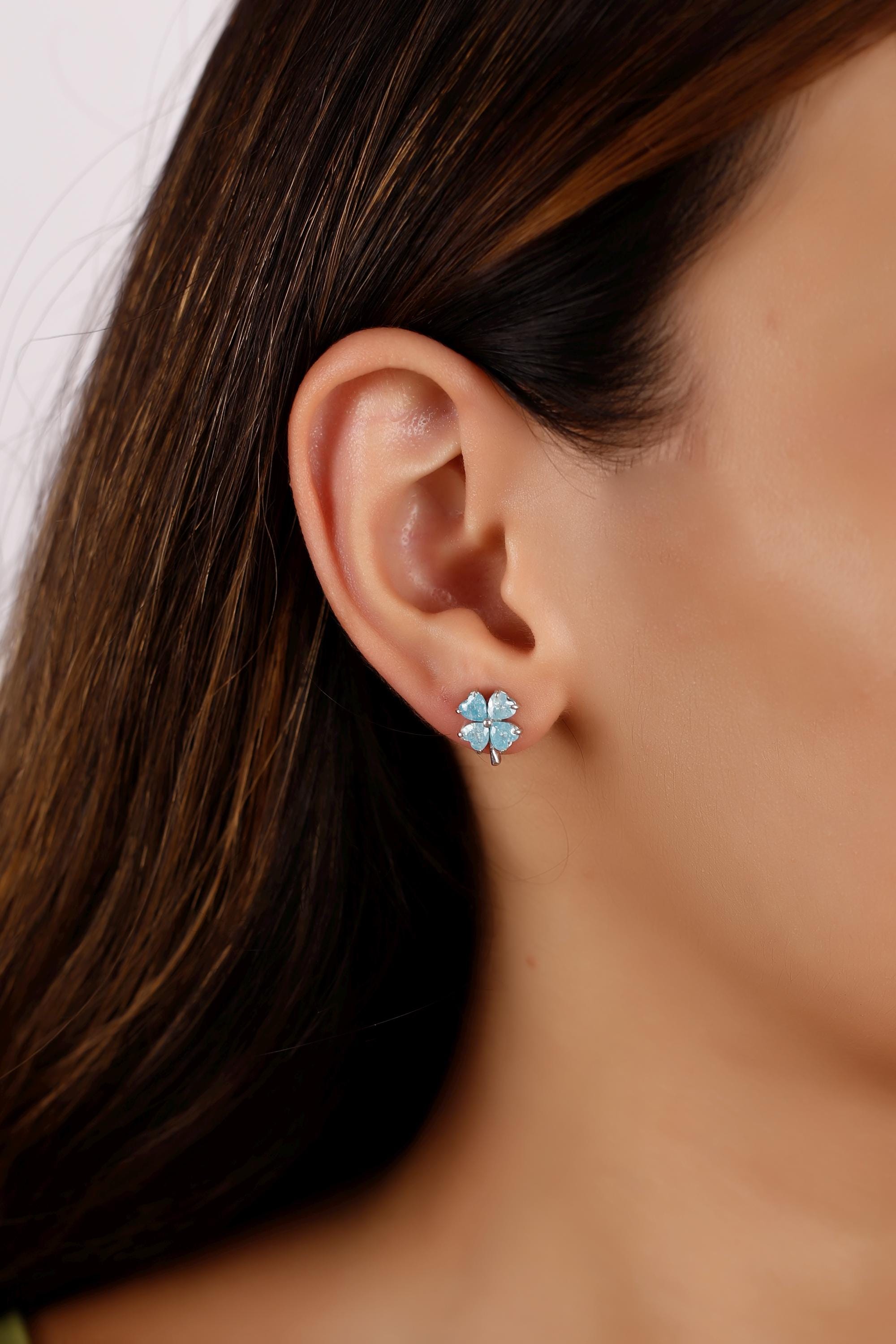 Blue Zircon Clover Earrings, 925 Sterling Silver Lucky Studs, Dainty Blue Stone Jewelry, Valentine Gift, Christmas Gift
