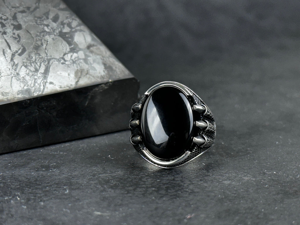 Onyx Gemstone Silver Ring, Artisan Claw Set (Men's Statement)