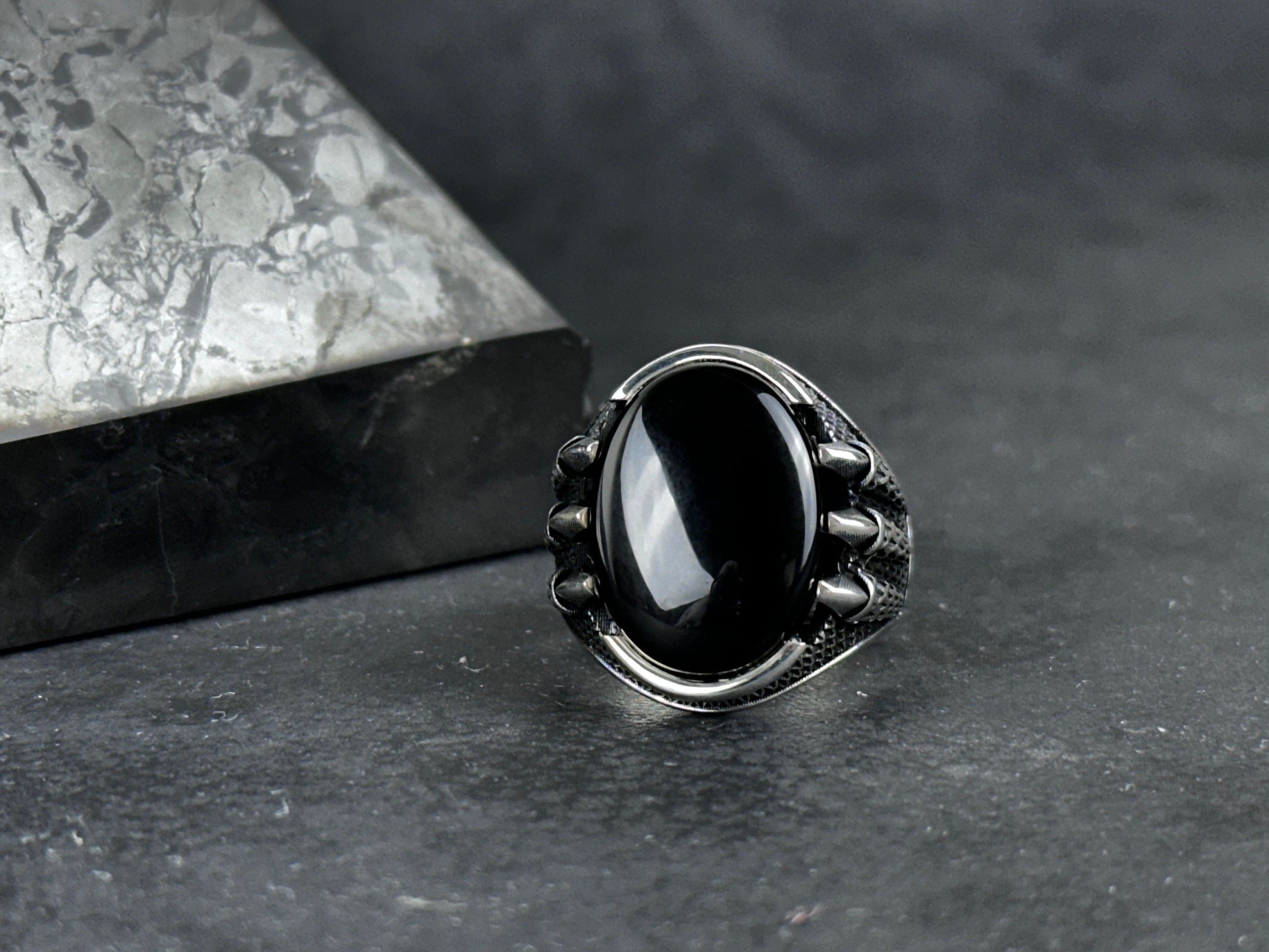 Onyx Gemstone Silver Ring, Artisan Claw Set (Men's Statement)