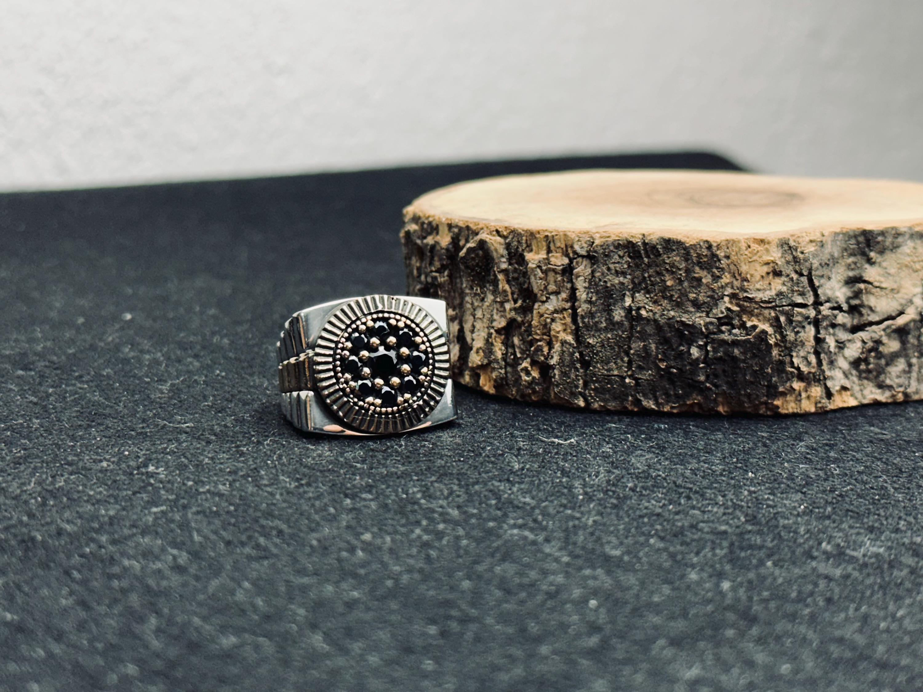 Geometric Men's Silver Ring - Stone Cluster Statement Design
