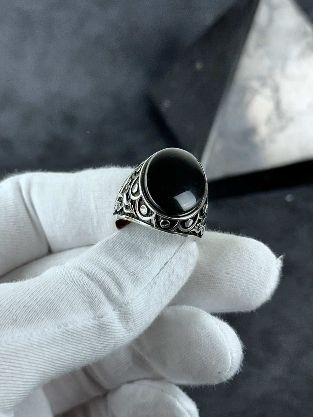 Sterling Silver Onyx Ring Handmade, Natural Cut Stone (Men's Size)
