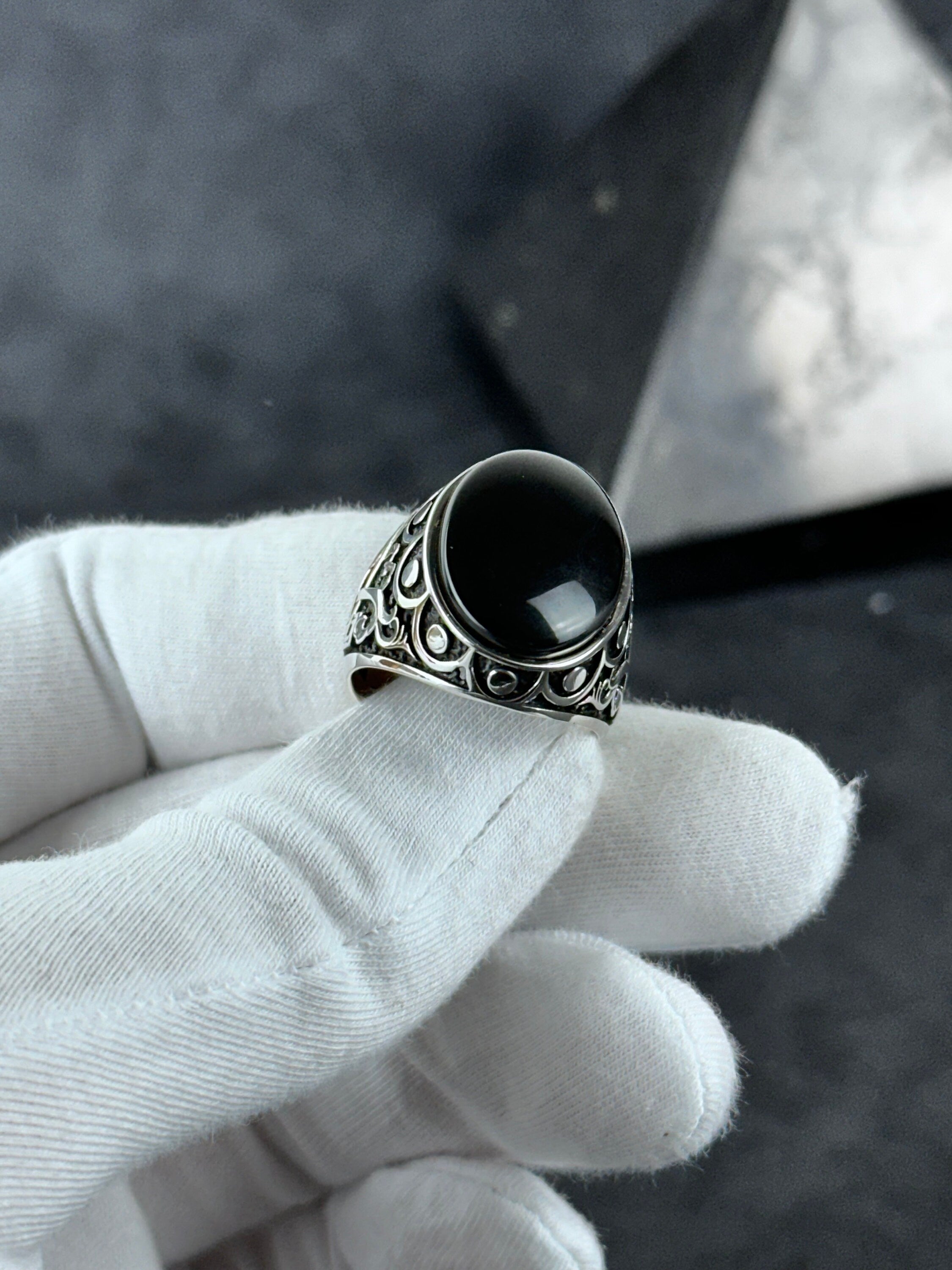 Sterling Silver Onyx Ring Handmade, Natural Cut Stone (Men's Size)