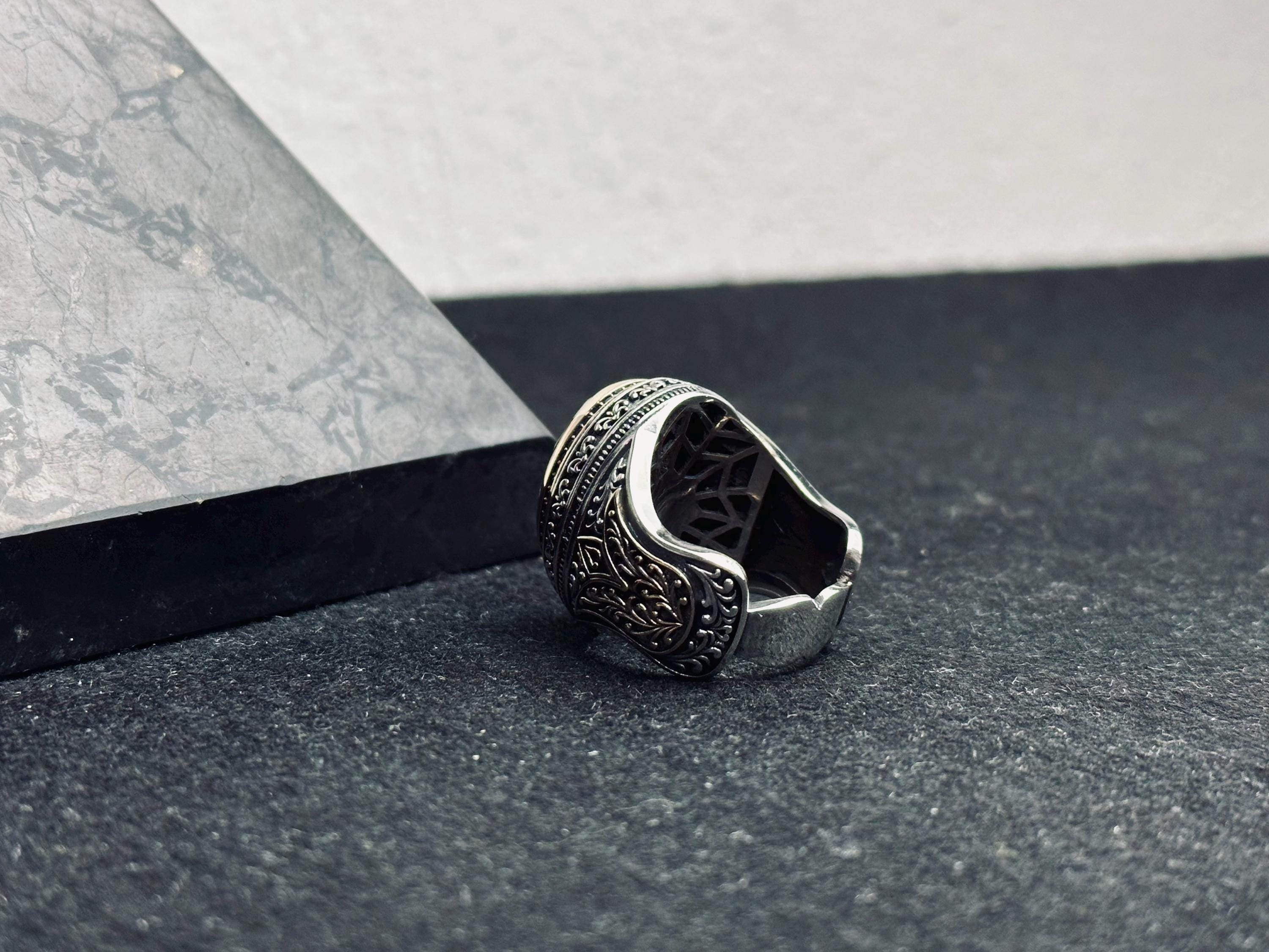 Black Zircon Men's Ring - Handmade Turkish Sterling Silver