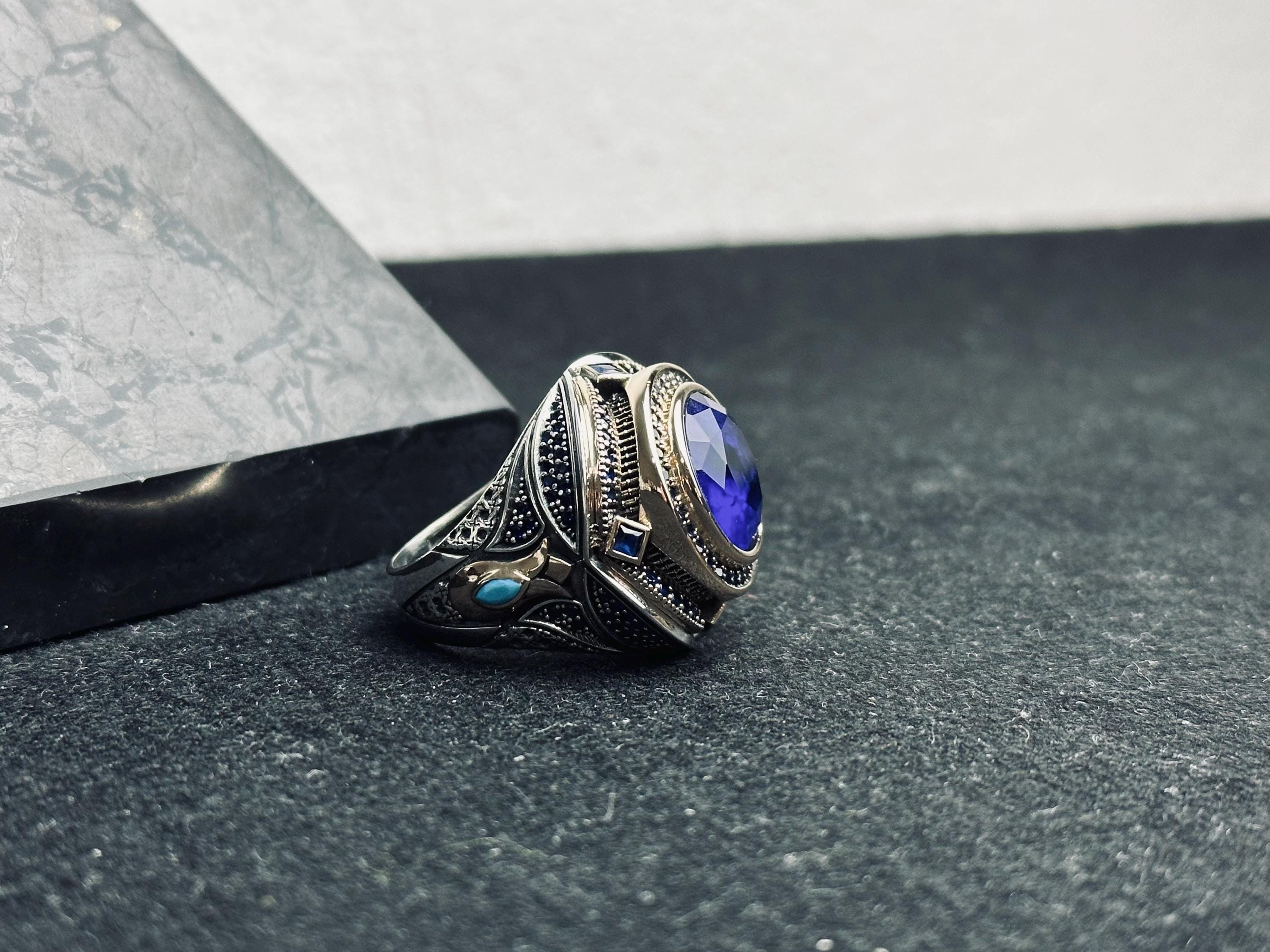 Men's Sterling Silver Ring: Blue Zircon Stone - Handmade Turkish Design