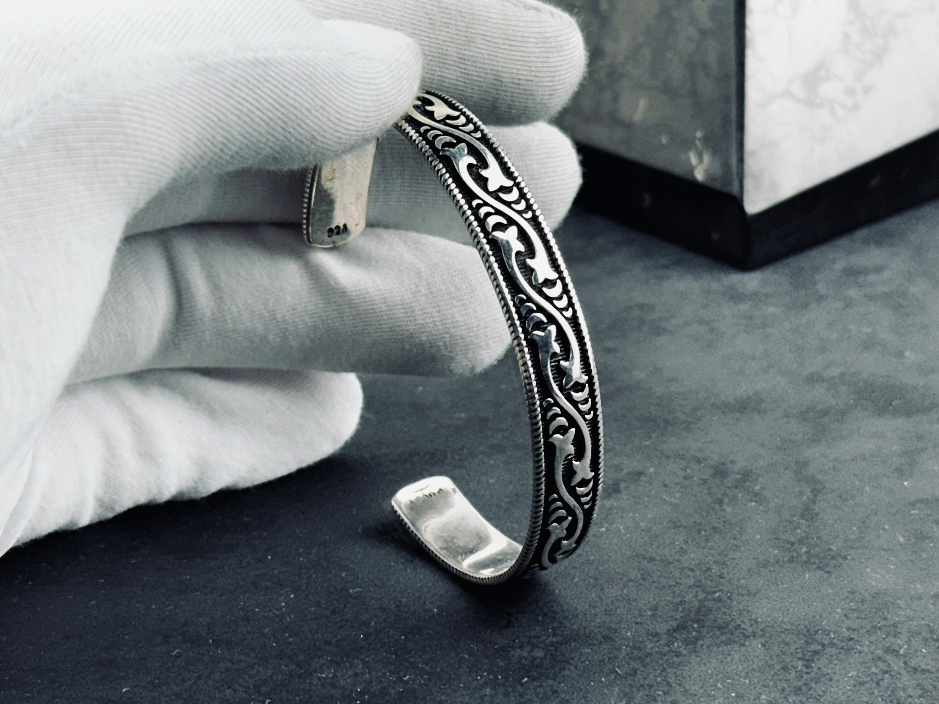Sterling Silver Cuff Bracelet, Embroidered Pattern Handmade (Adjustable Size)