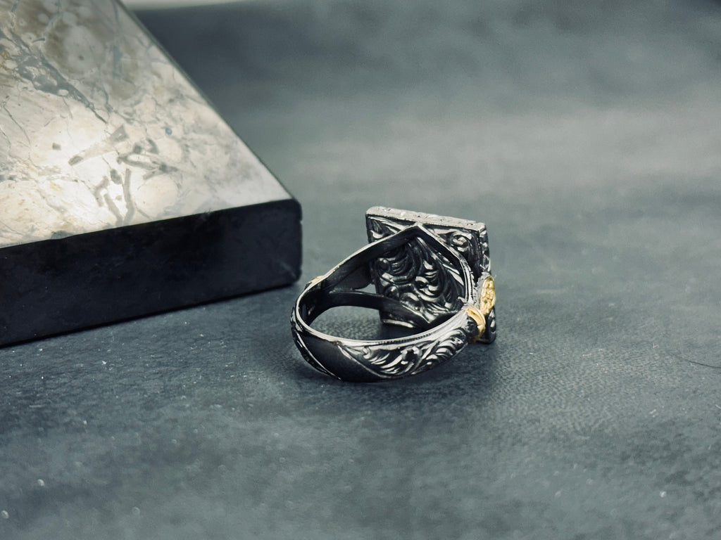 Sterling Silver Ring, Rhodium Engraved Band (Men's Size Options)