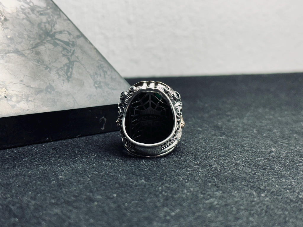 Huge Emerald Stone Ring - Sterling Silver Lion Head Design