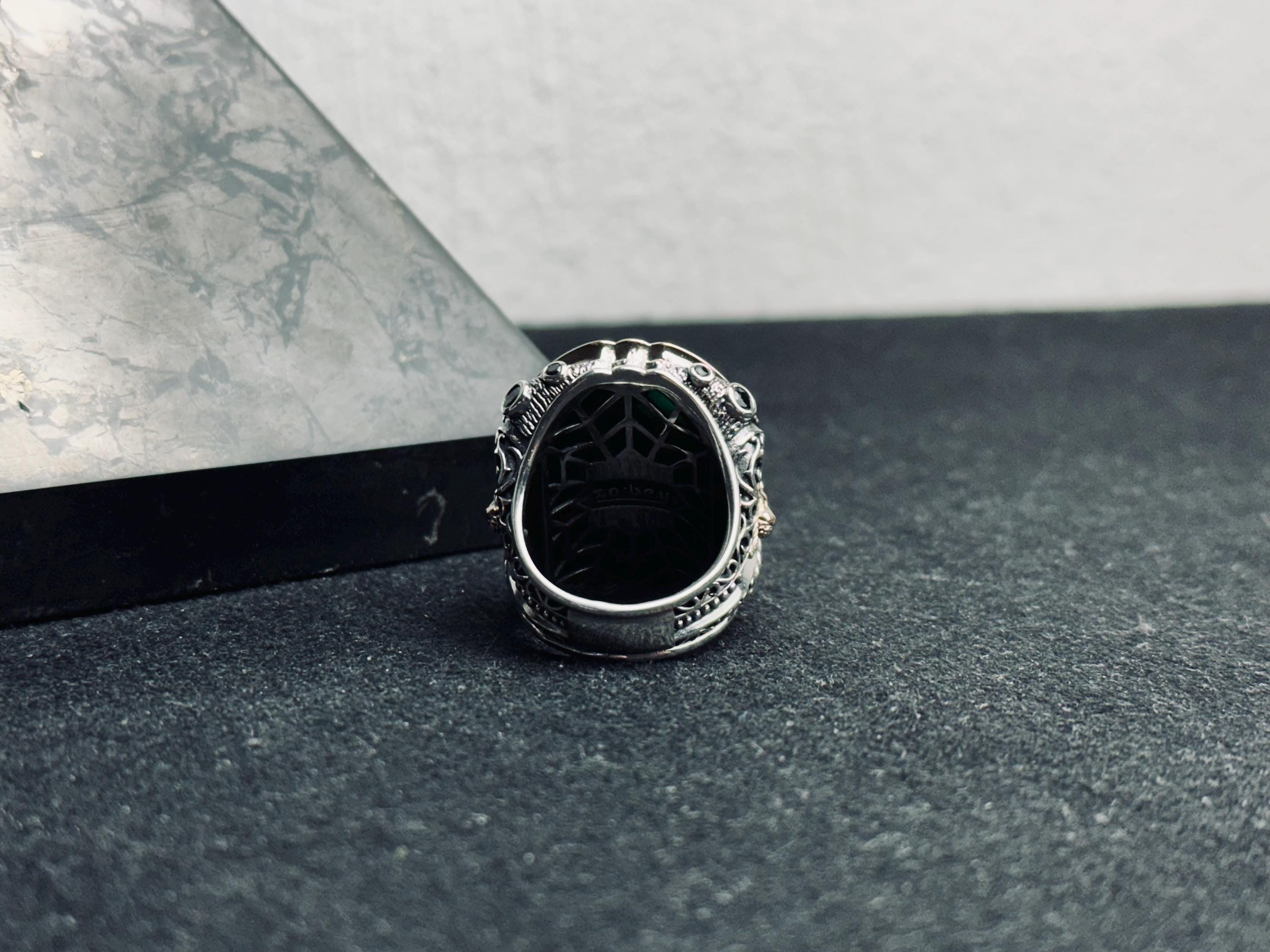 Huge Emerald Stone Ring - Sterling Silver Lion Head Design
