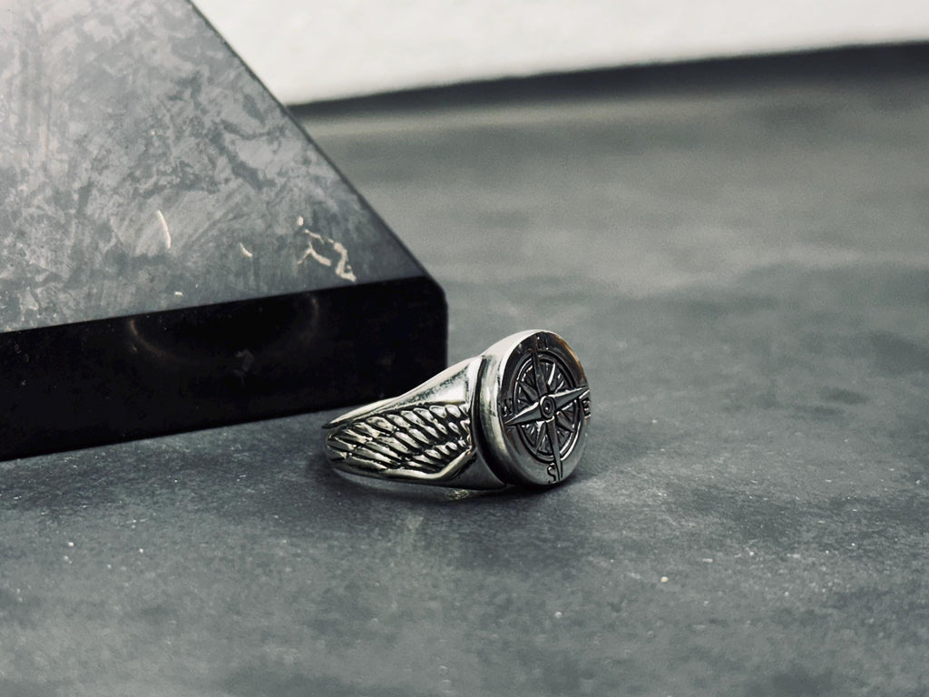 Travel Compass Ring, Sterling Silver, Handmade (Men's Sizes)