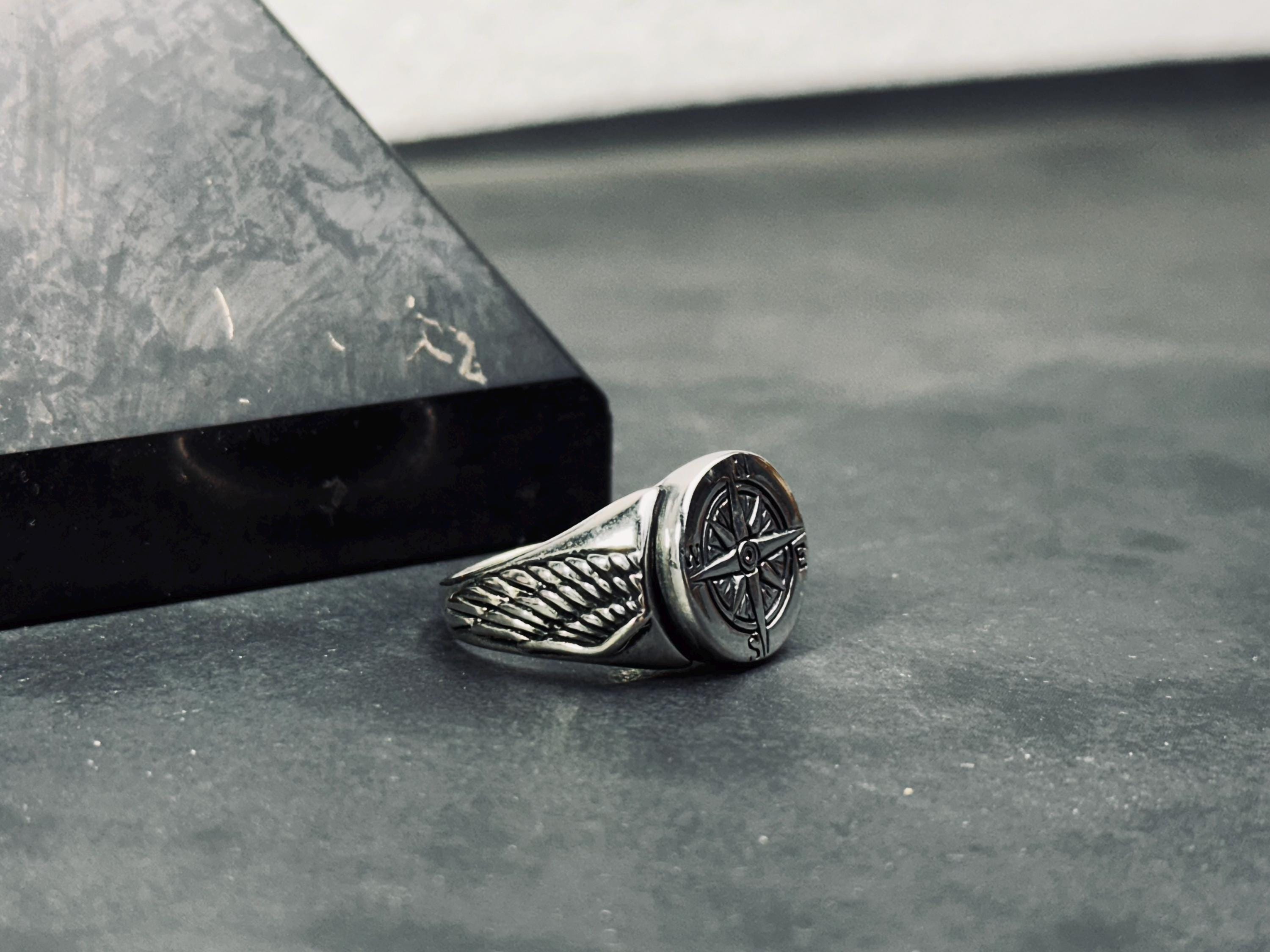 Travel Compass Ring, Sterling Silver, Handmade (Men's Sizes)