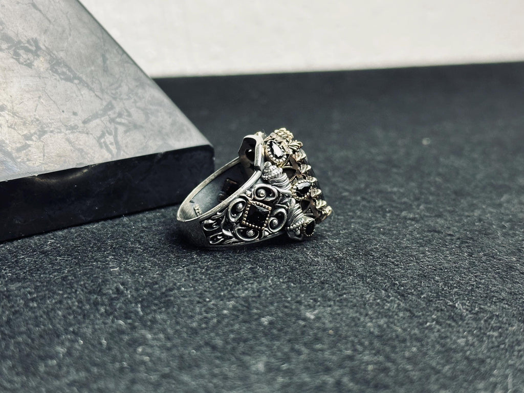 Men's Statement Ring: Black Zircon Square - 925 Sterling Silver