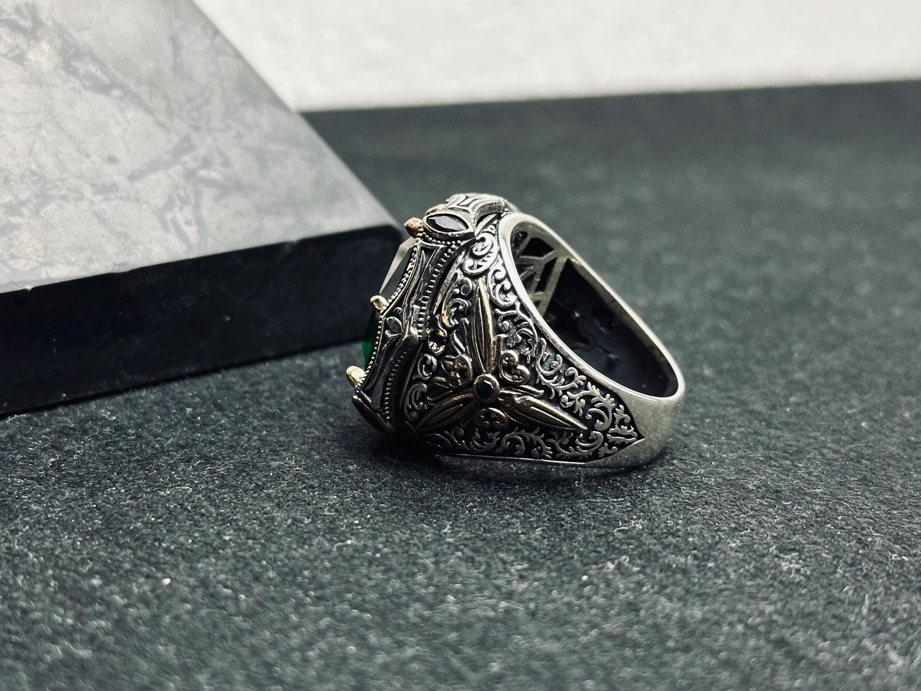 Emerald Men's Ring - Bold Handmade 925 Sterling Silver Turkish Style