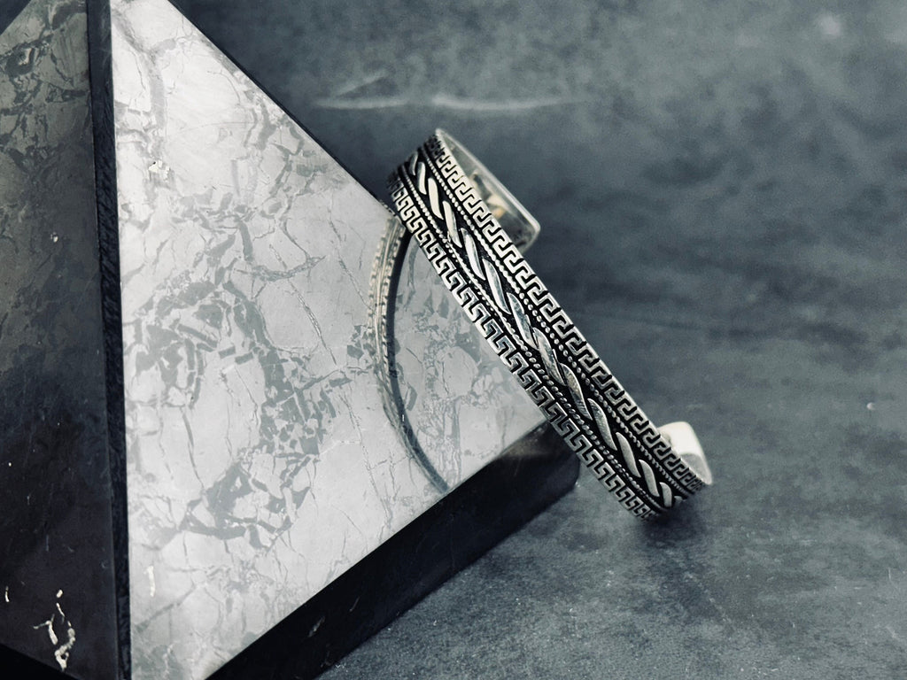 Greek Sterling Silver Cuff Bracelet, Handmade Adjustable (Unisex)