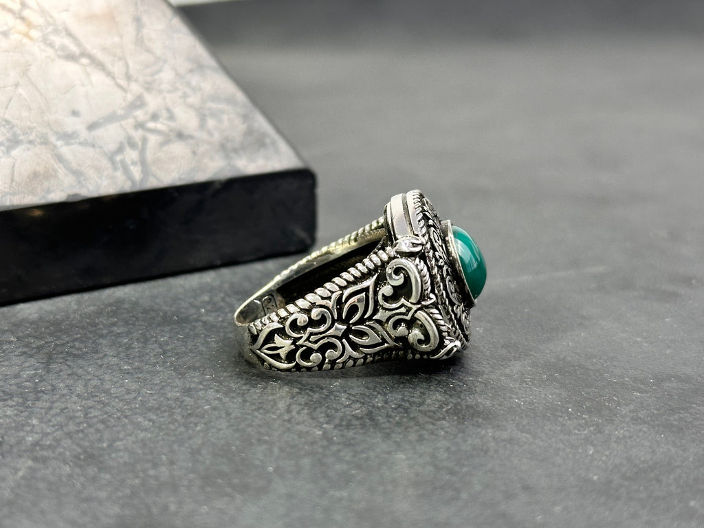 Men's Agate Ring: Cushion Green Stone - Handmade Sterling Silver