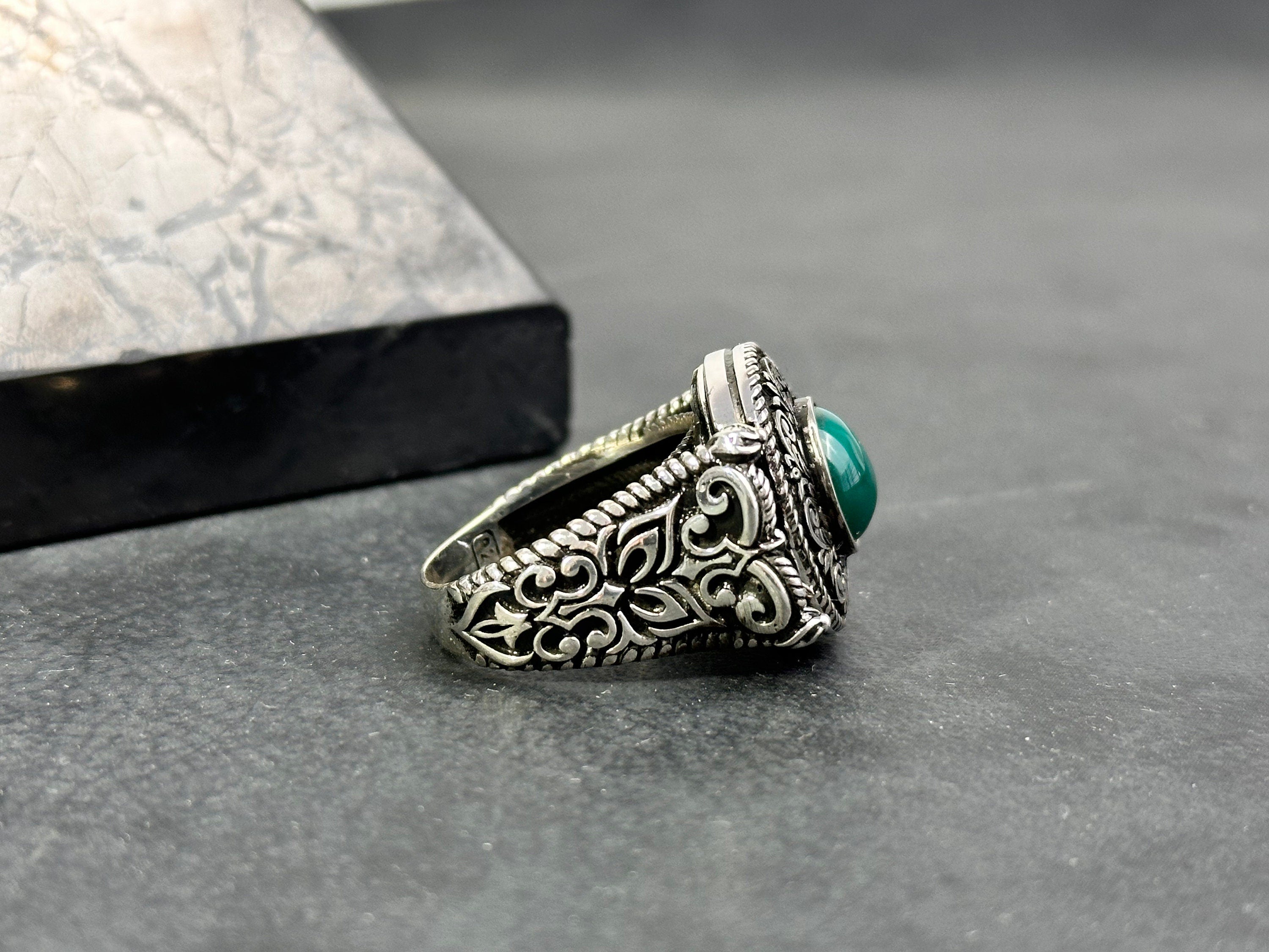 Men's Agate Ring: Cushion Green Stone - Handmade Sterling Silver