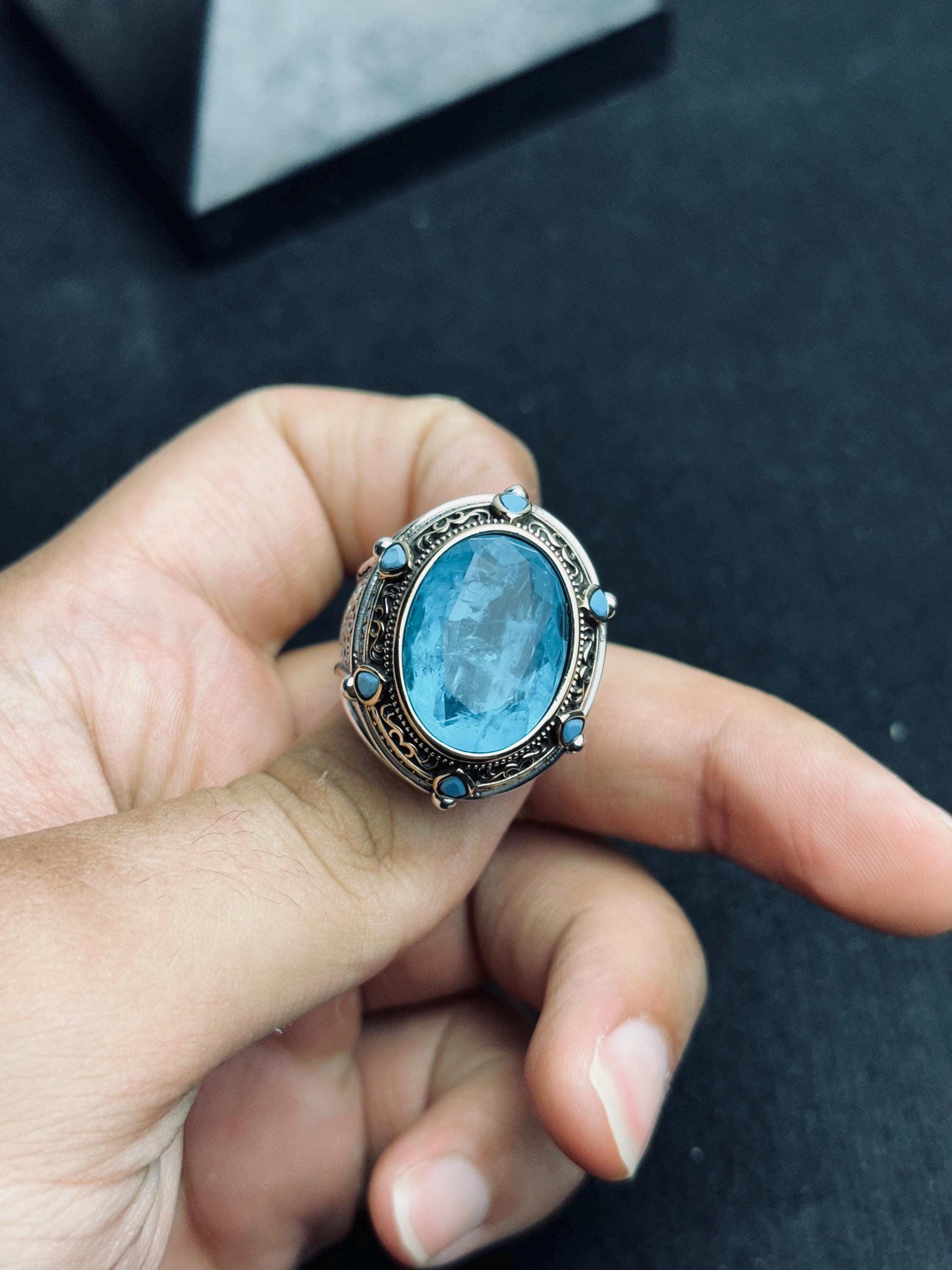 Aquamarine Statement Ring: Handmade Turkish Silver (Men's Size)