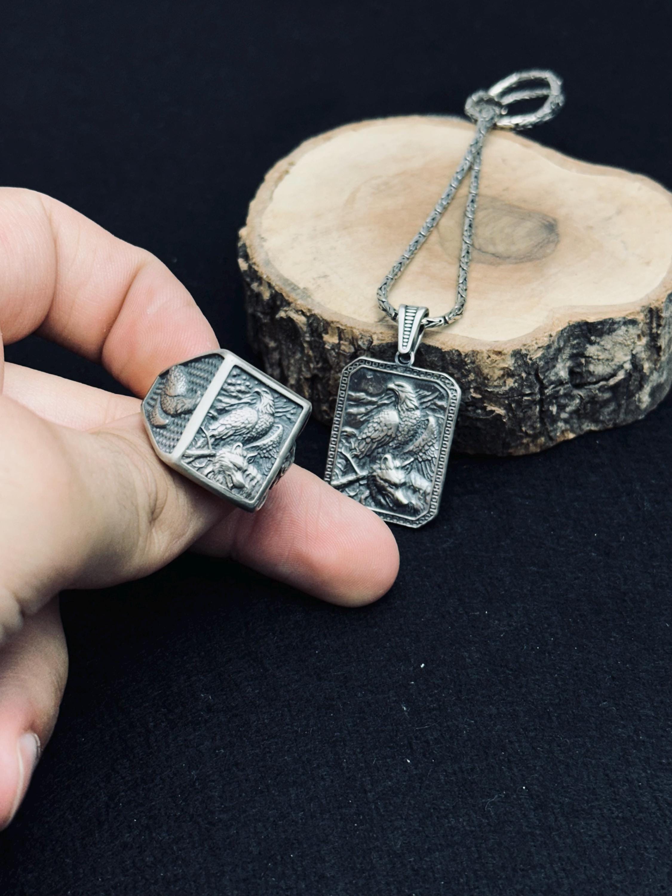 Sterling Silver Eagle Jewelry Set: Handmade Necklace and Ring