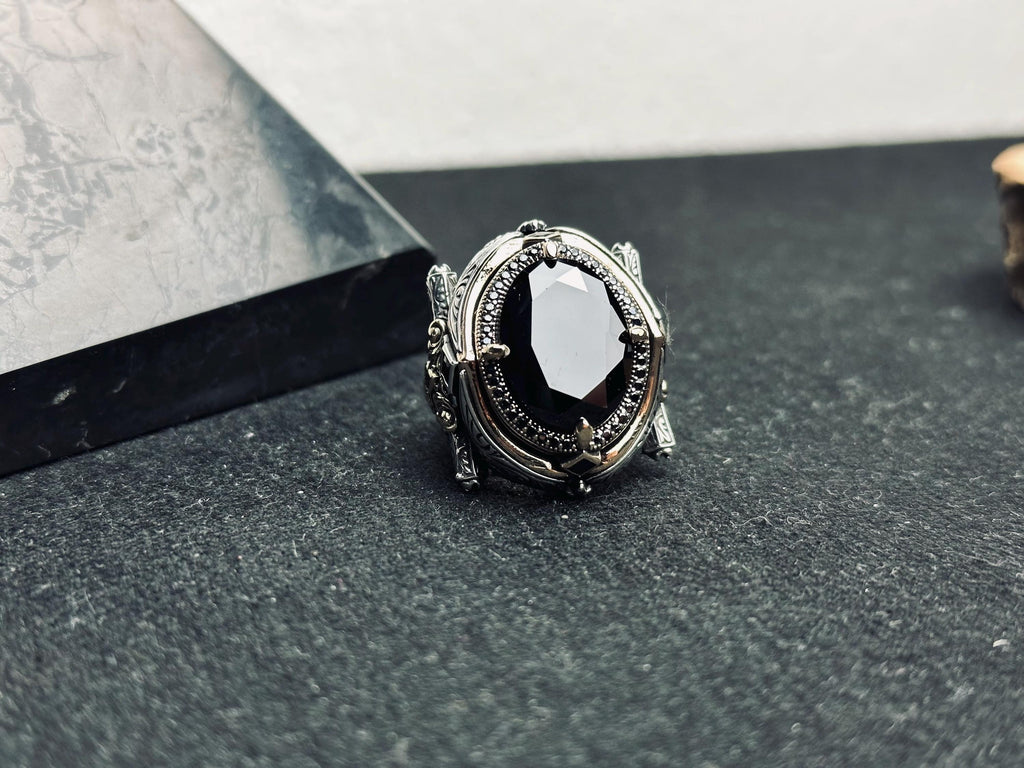 Statement Men’s Ring: Black Zircon Silver (Handmade, Large)