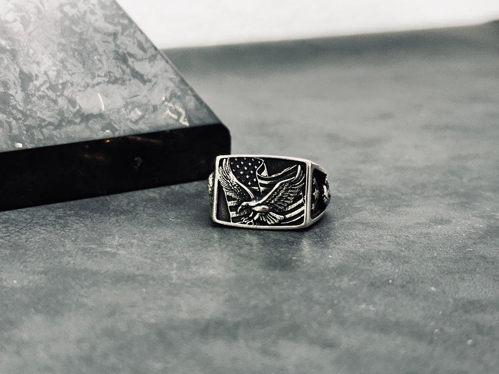 Eagle Ring: Sterling Silver American Flag Style (Men's Statement Jewelry)