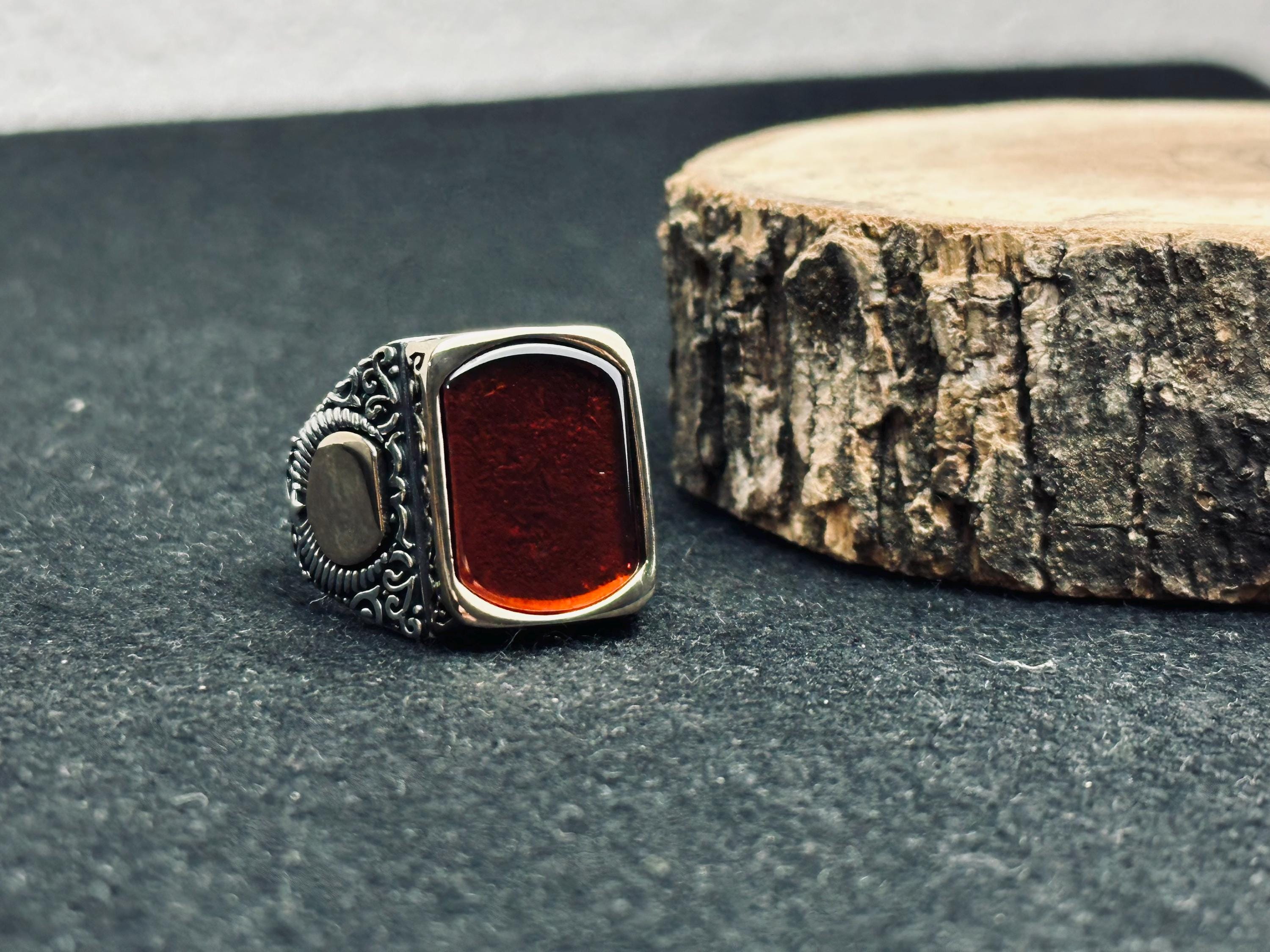 Sterling Silver Men's Amber Ring - Handmade Turkish Baltic Stone