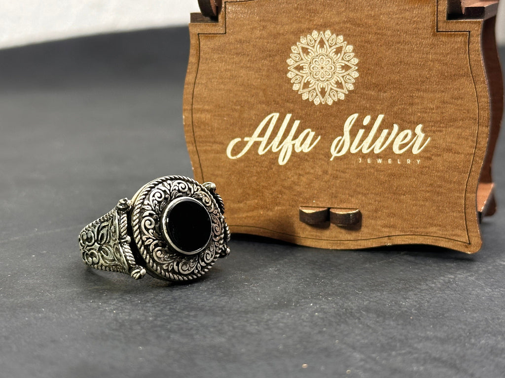 Engraved Greek Onyx Ring: Sterling Silver Flat Black Stone