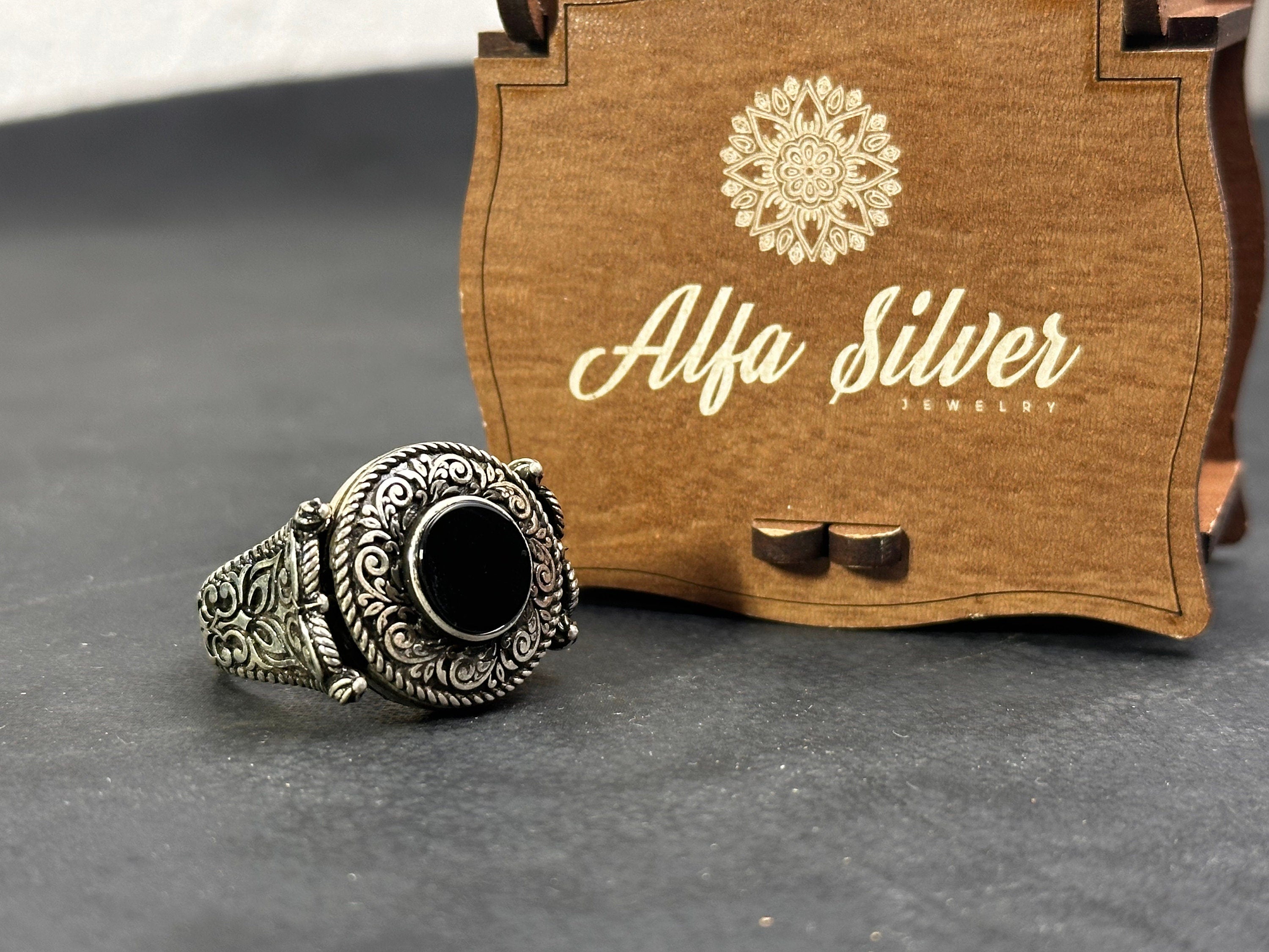 Engraved Greek Onyx Ring: Sterling Silver Flat Black Stone