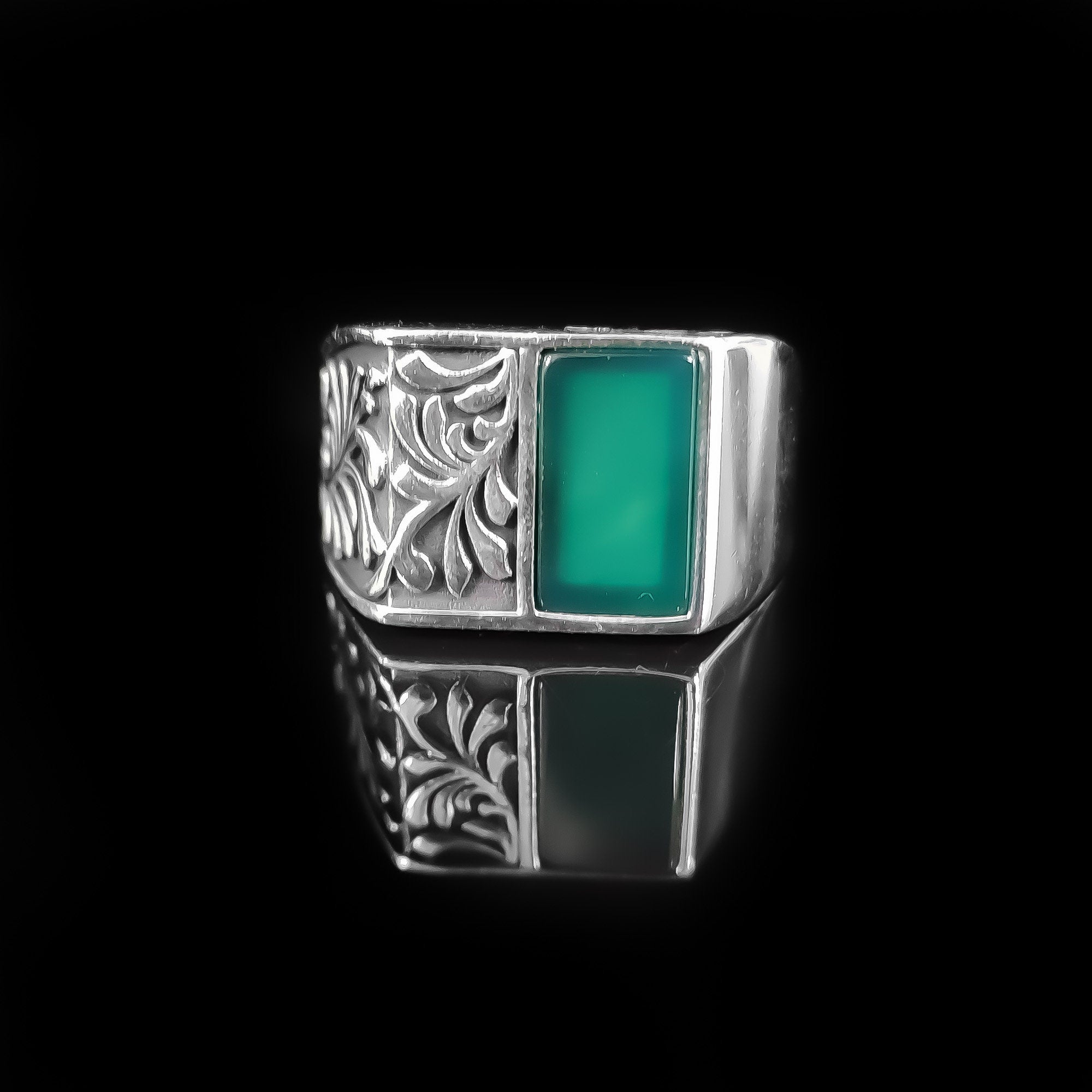 Sterling Silver Ring: Green Agate Stone - Handmade Men's Jewelry