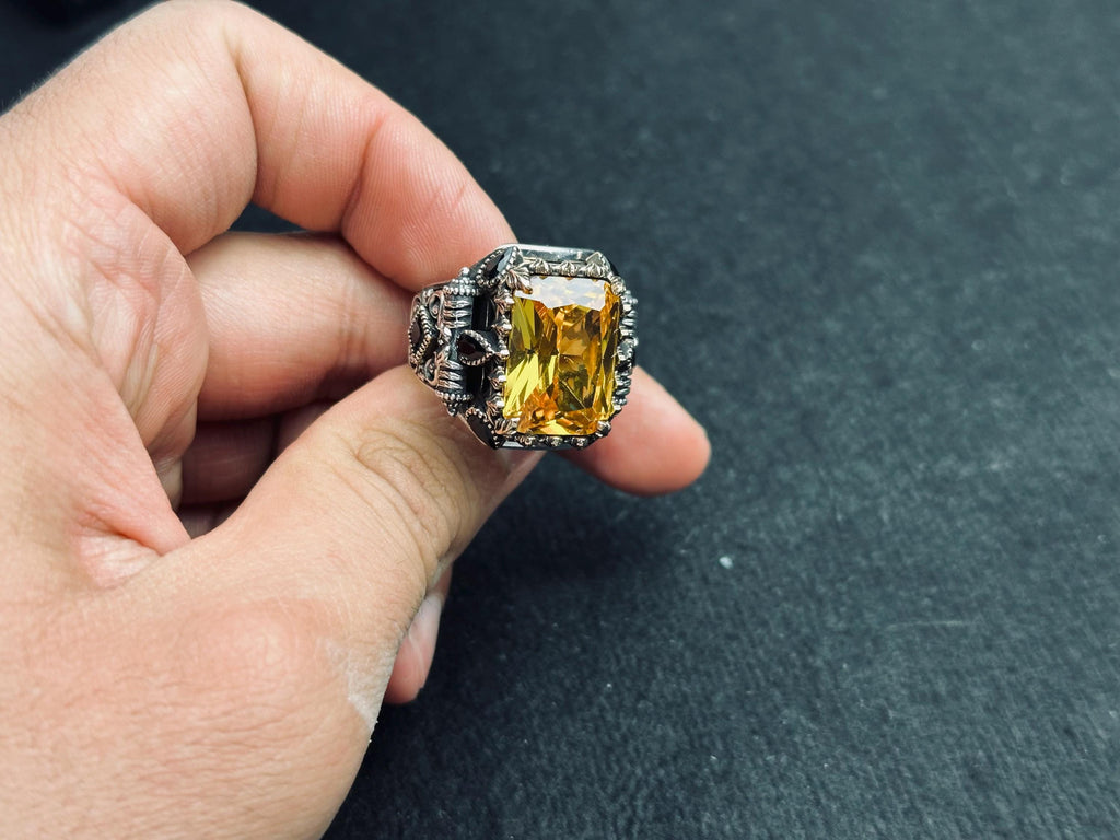 Sterling Silver Mens Citrine Ring: Turkish Handmade, Rectangular Stone