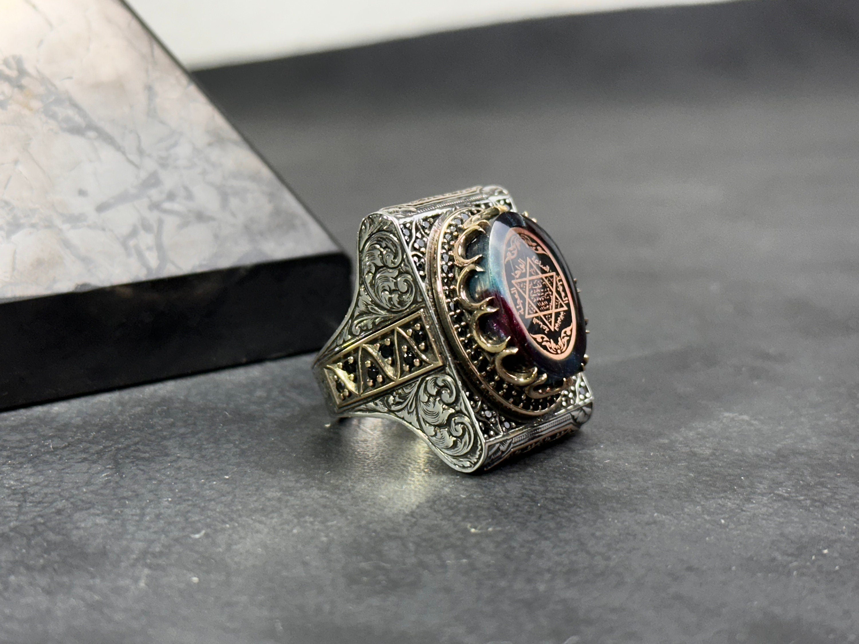 Solomon Seal Ring - Sterling Silver Amber Stone for Men