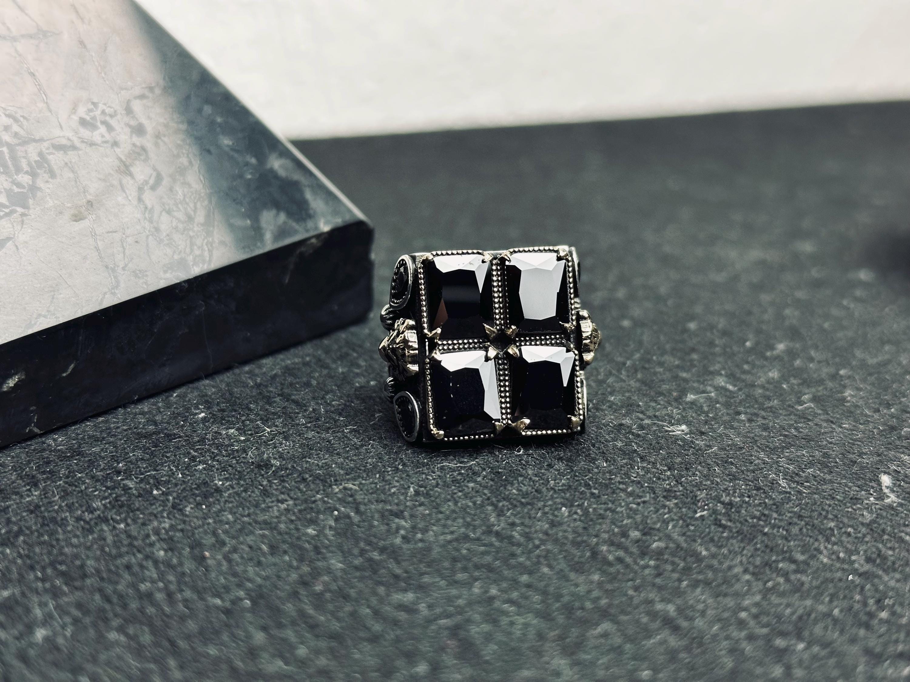 Men’s Square Zircon Ring: Bold Black Sterling Silver (Handmade)