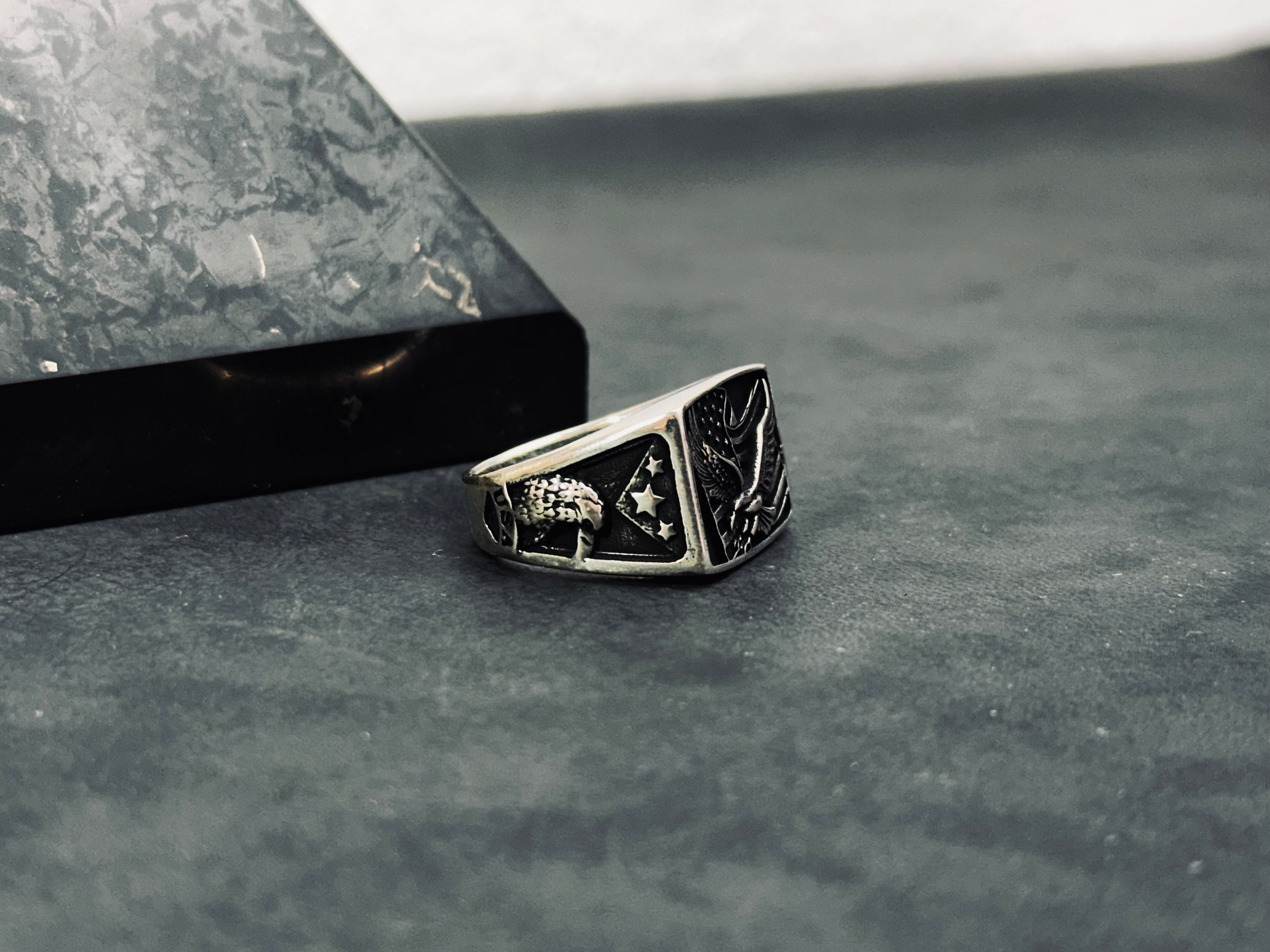 Eagle Ring: Sterling Silver American Flag Style (Men's Statement Jewelry)