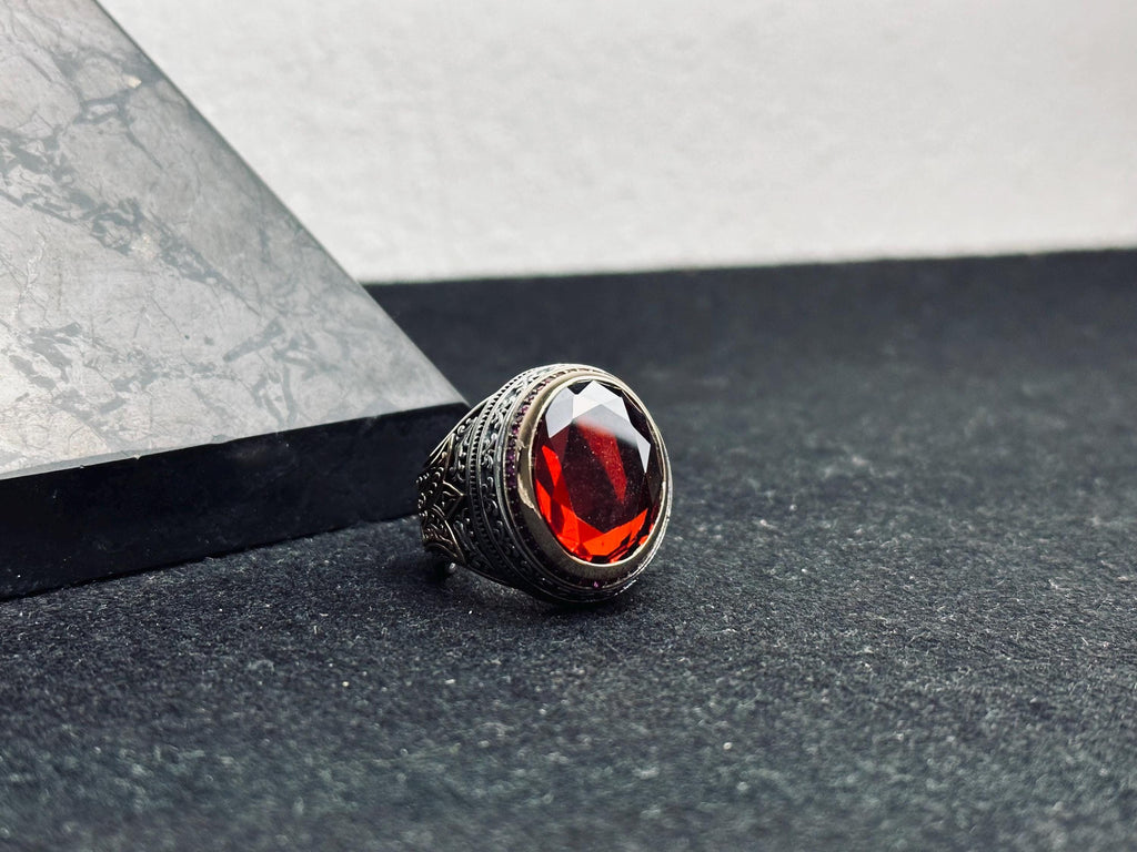 Sterling Silver Ruby Ring: Vintage Men's Signet (Handmade, Deep Red)