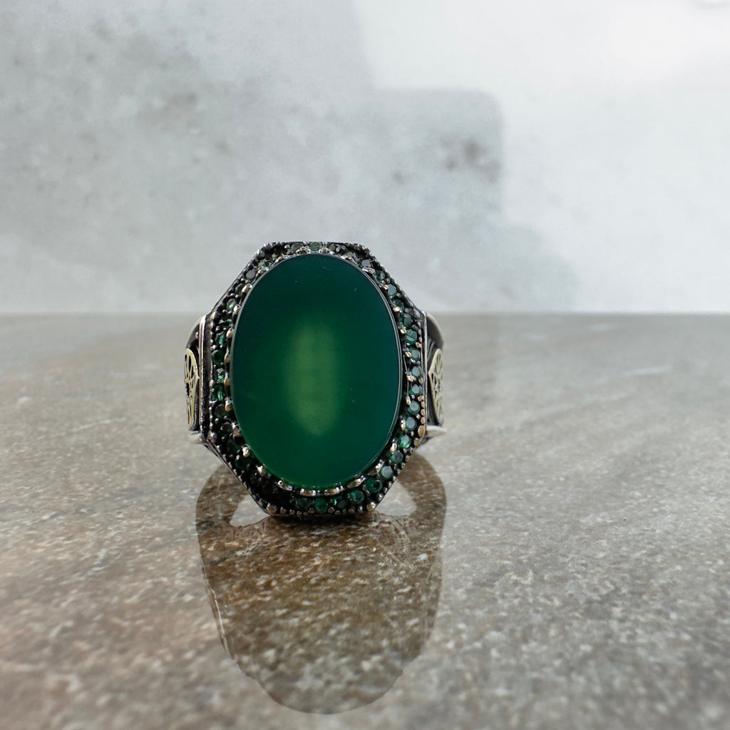 Sterling Silver Ring: Green Agate Stone - Handmade Ottoman Design